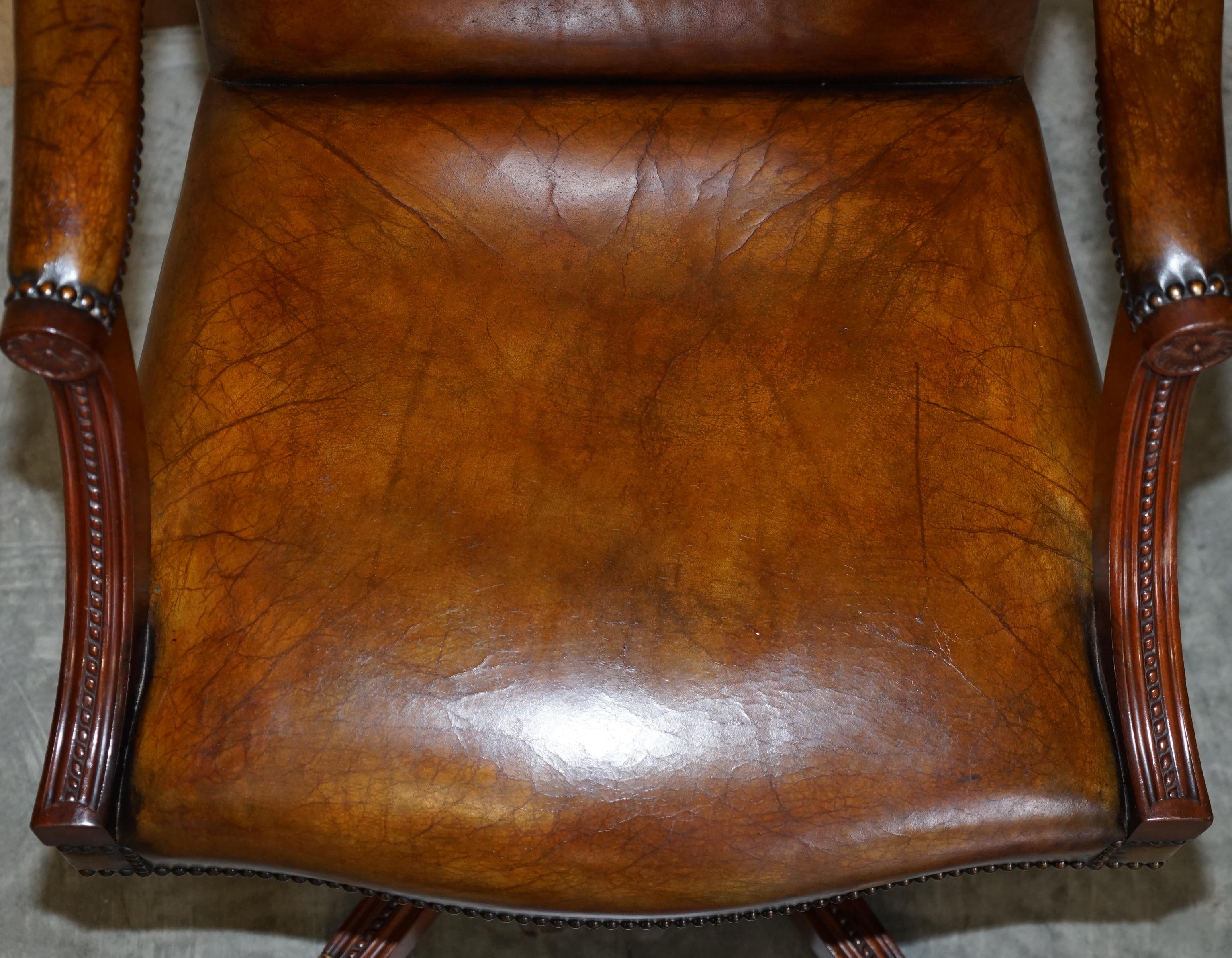 Hand-Crafted Lovely Vintage Restored Brown Leather Oak Framed Captains Directors Armchair For Sale