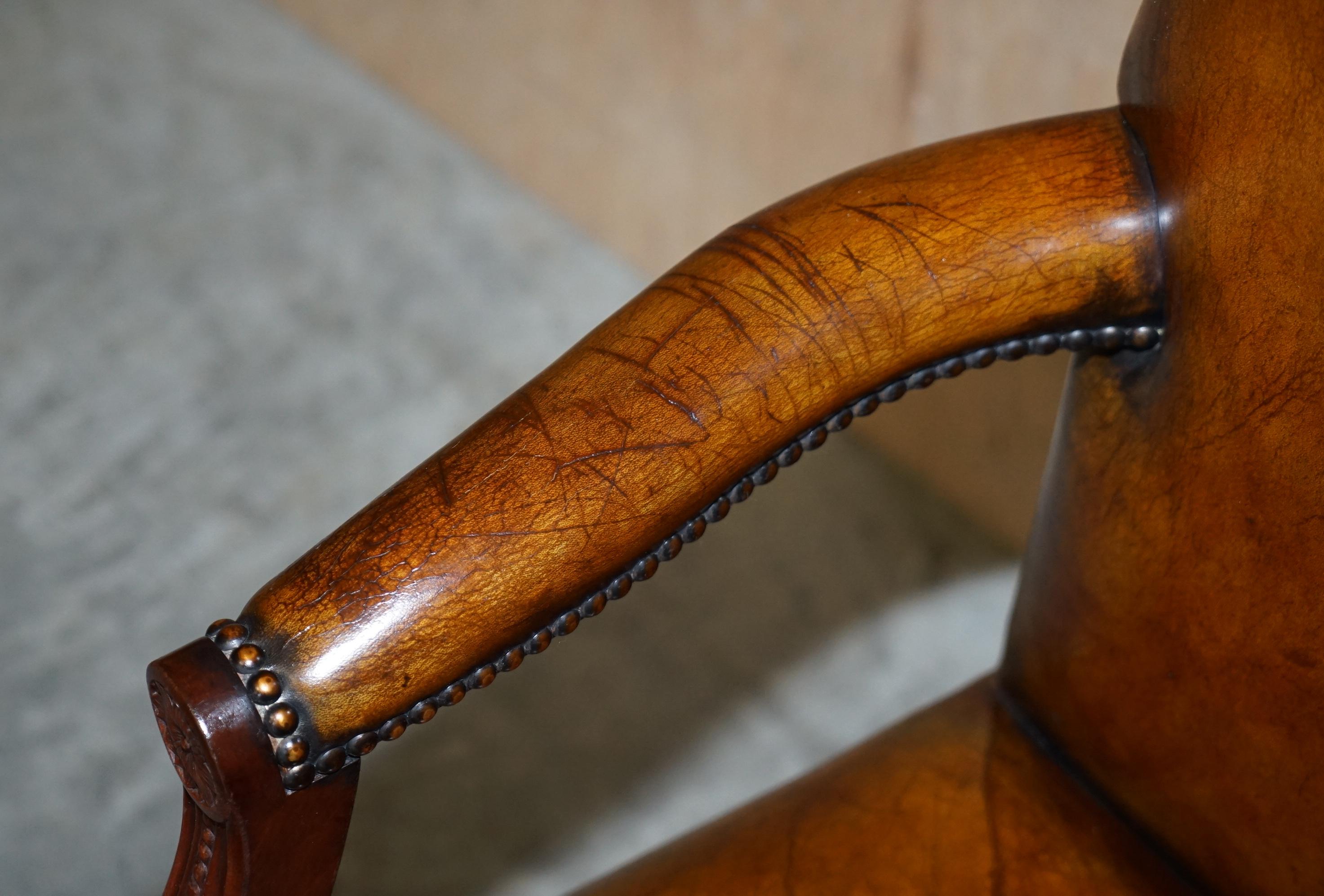 Lovely Vintage Restored Brown Leather Oak Framed Captains Directors Armchair For Sale 1