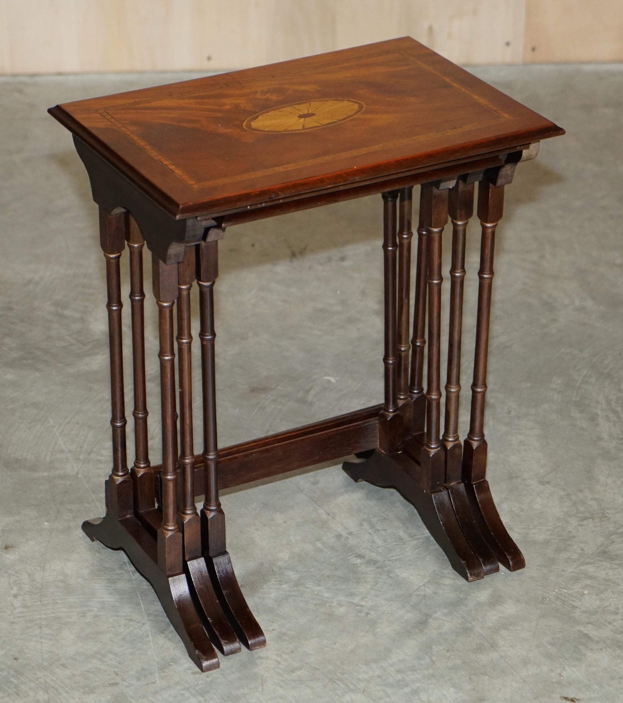 English Lovely Vintage Sheraton Revival Famboo Nest of Tables in Hardwood & Satinwood For Sale