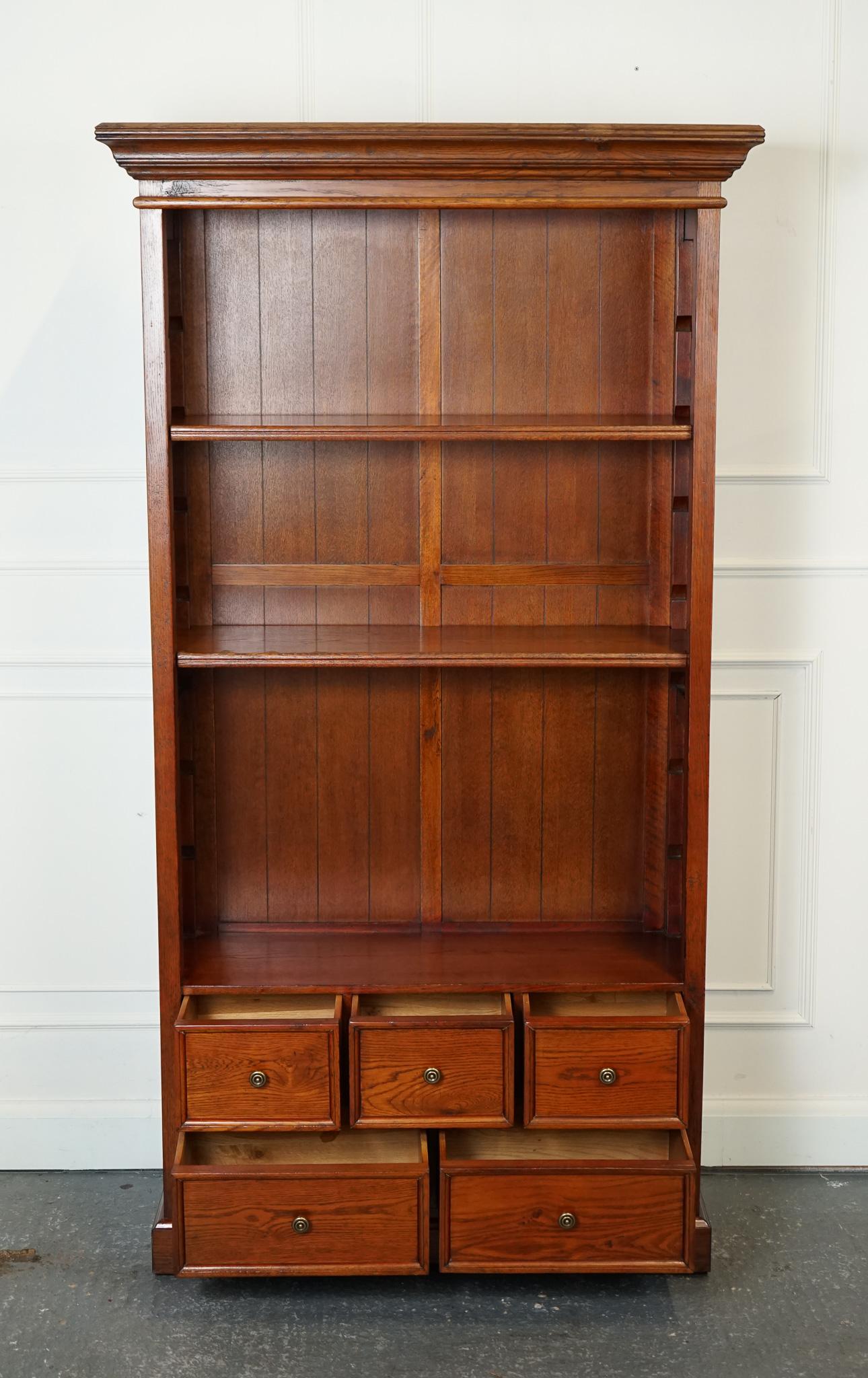 Hand-Crafted LOVELY VINTAGE TEAK OPEN BOOKCASE WITH 5 DRAWERS BRASS HANDLES j1 For Sale