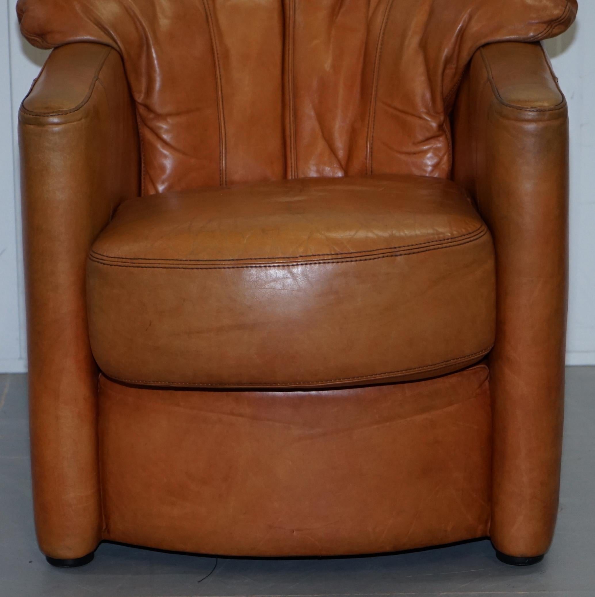 Lovely Vintage Tetrad England Aged Tan Brown Leather Armchair with Shell Back 4