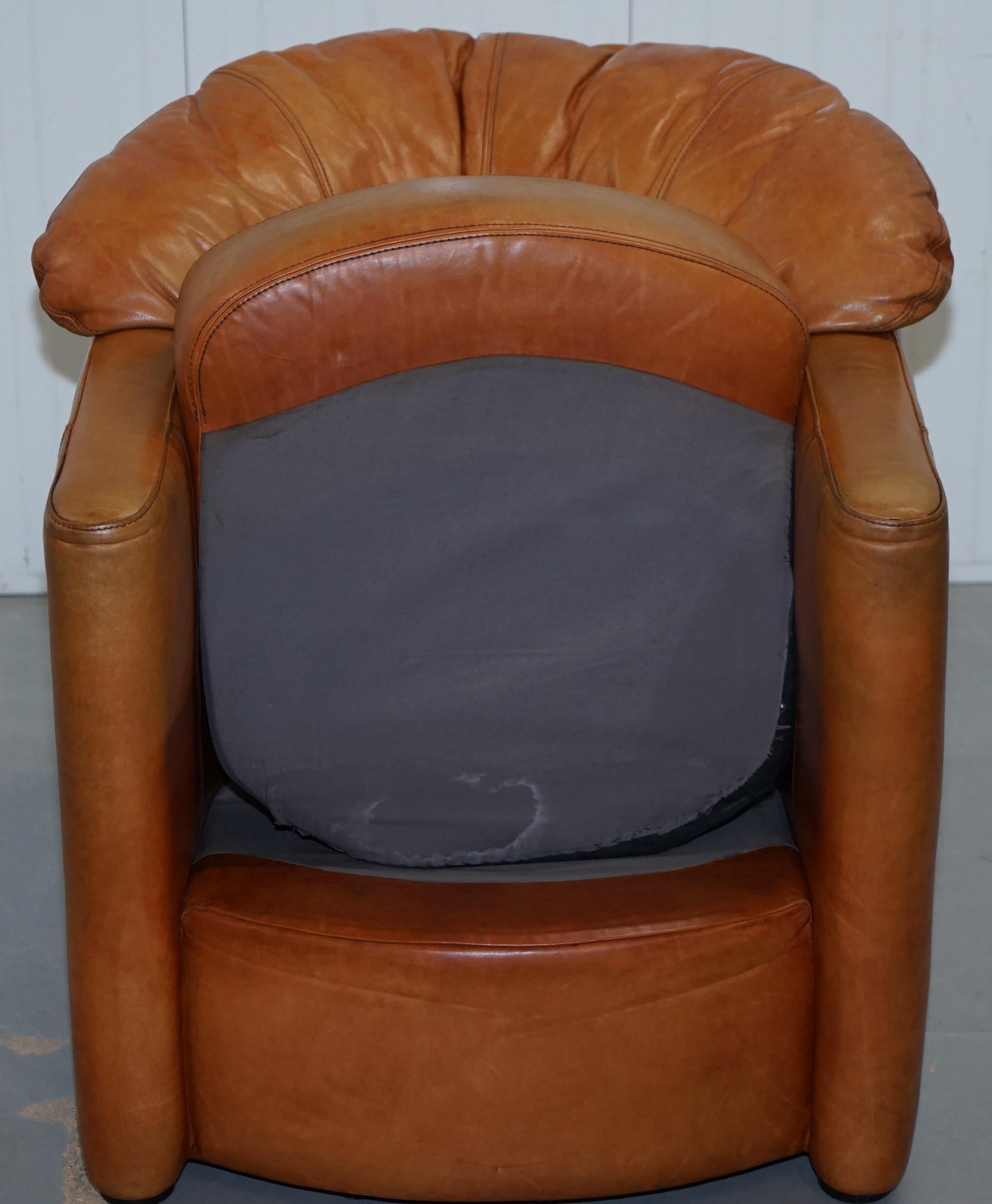 Lovely Vintage Tetrad England Aged Tan Brown Leather Armchair with Shell Back 13
