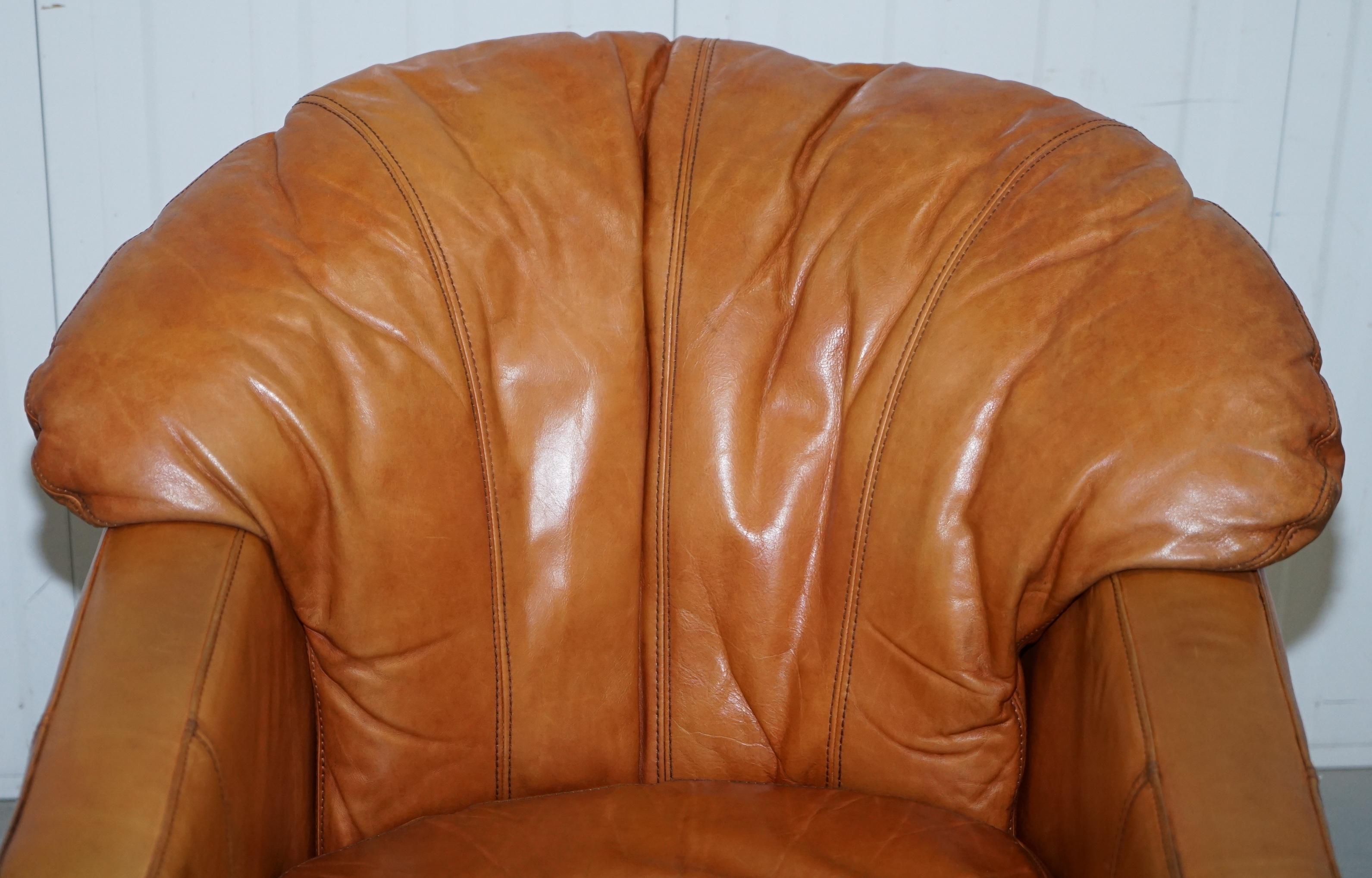 Modern Lovely Vintage Tetrad England Aged Tan Brown Leather Armchair with Shell Back