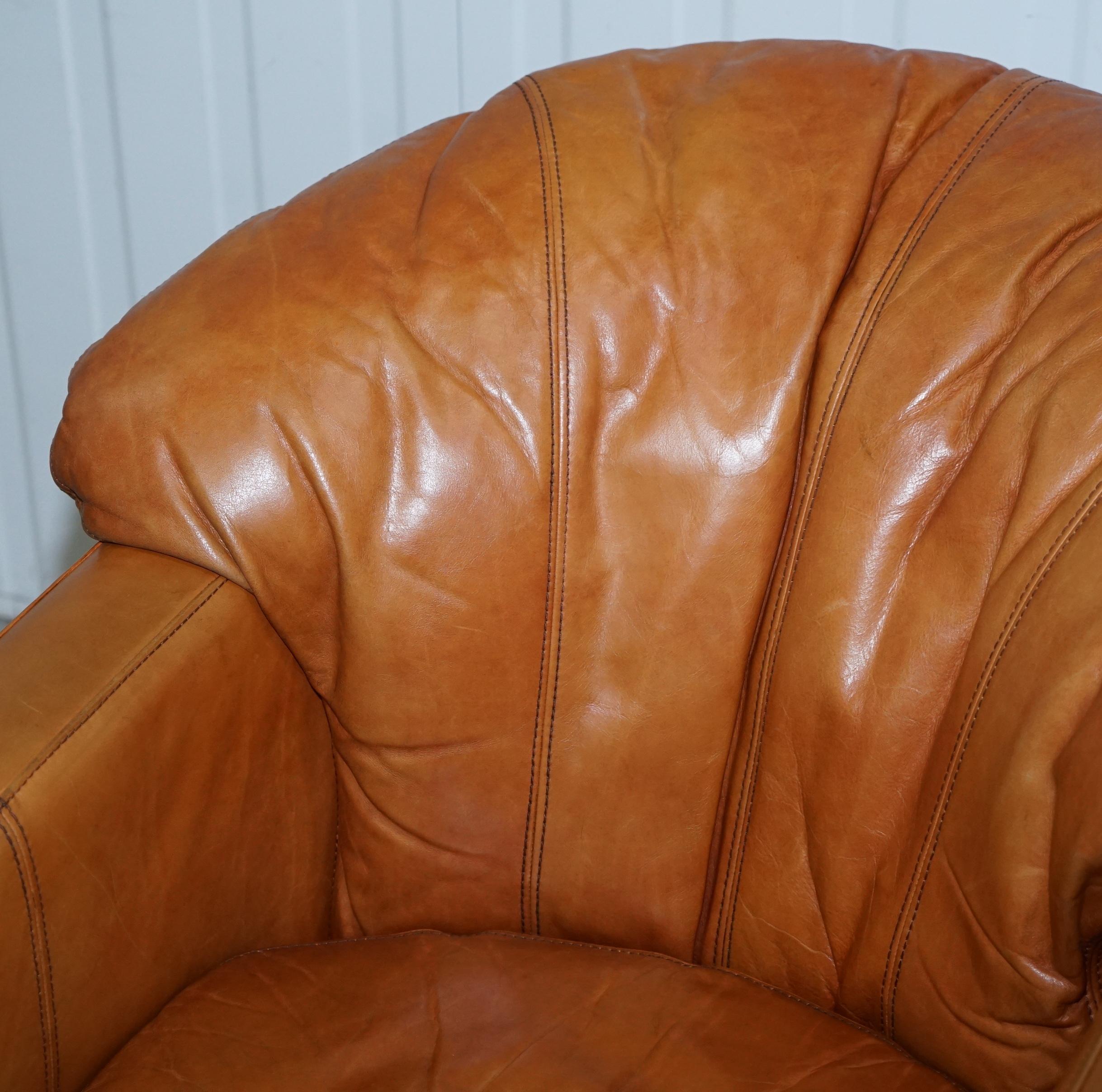 English Lovely Vintage Tetrad England Aged Tan Brown Leather Armchair with Shell Back