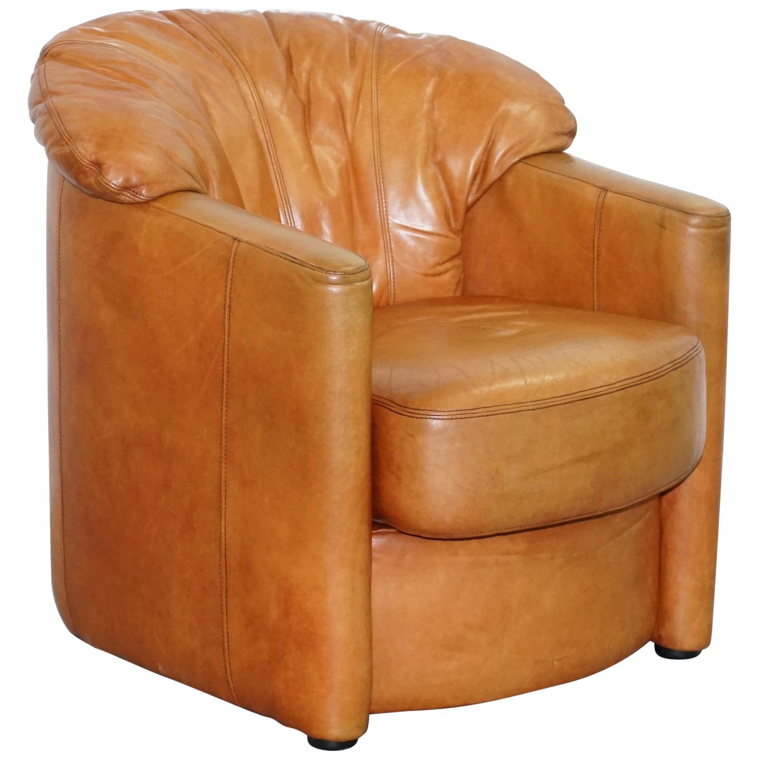 Lovely Vintage Tetrad England Aged Tan Brown Leather Armchair with Shell Back