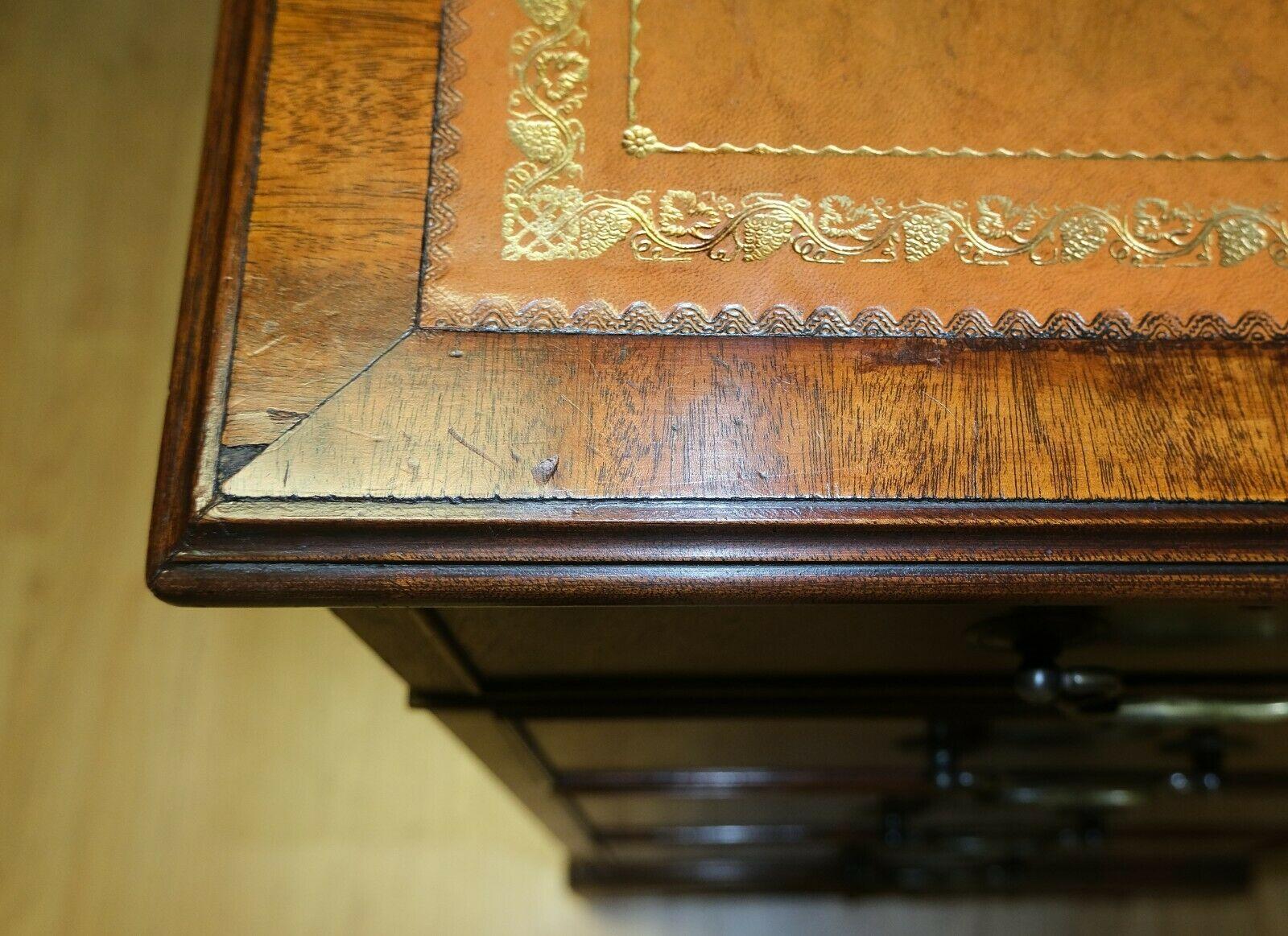 Lovely Vintage Twin Pedestal Partner Desk Gold Tooled Brown Leather Top & Keys 3