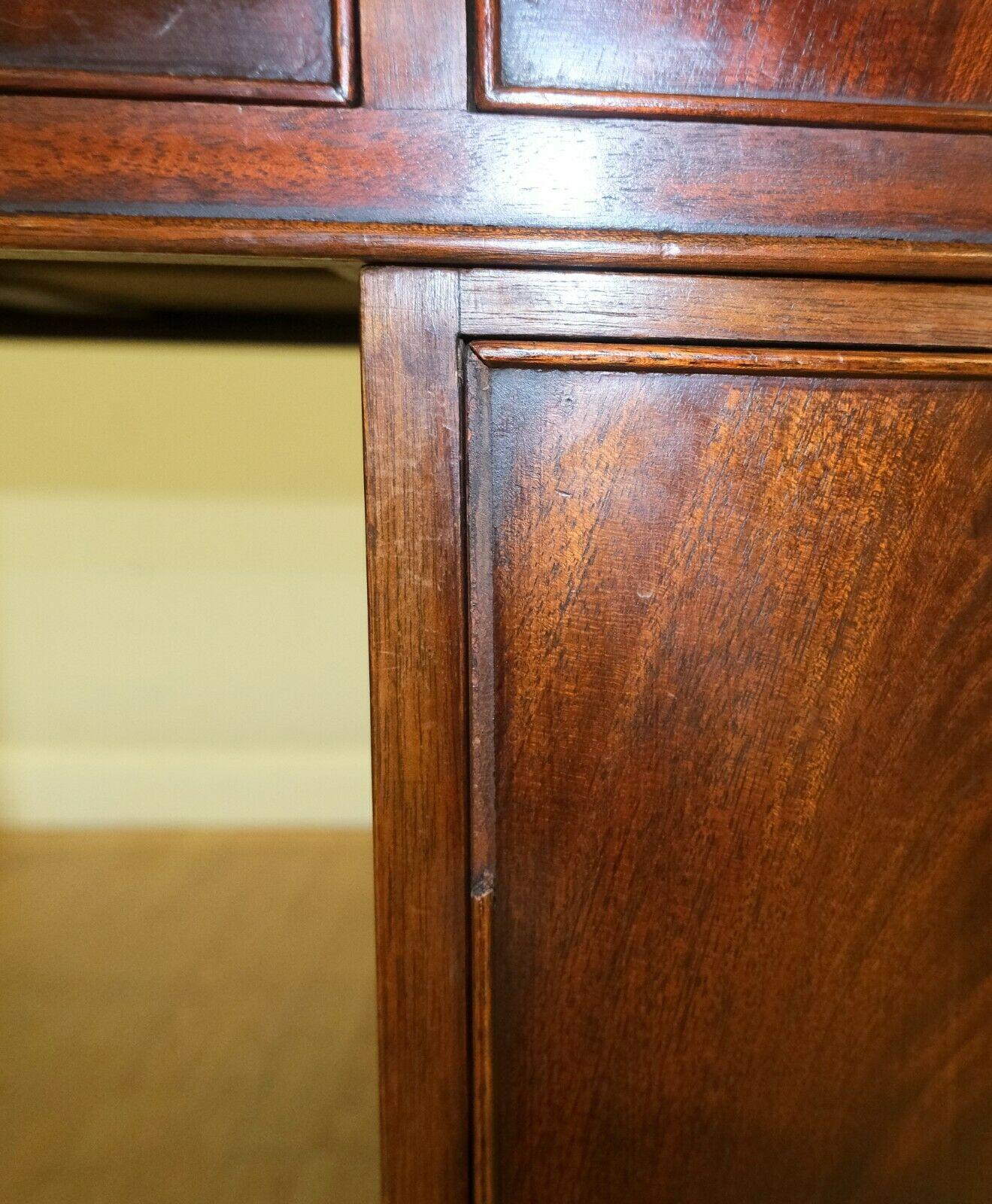 Lovely Vintage Twin Pedestal Partner Desk Gold Tooled Brown Leather Top & Keys 4