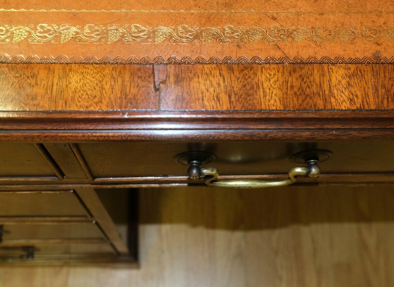 Lovely Vintage Twin Pedestal Partner Desk Gold Tooled Brown Leather Top & Keys 5