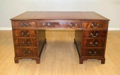 Lovely Vintage Twin Pedestal Partner Desk Gold Tooled Brown Leather Top & Keys