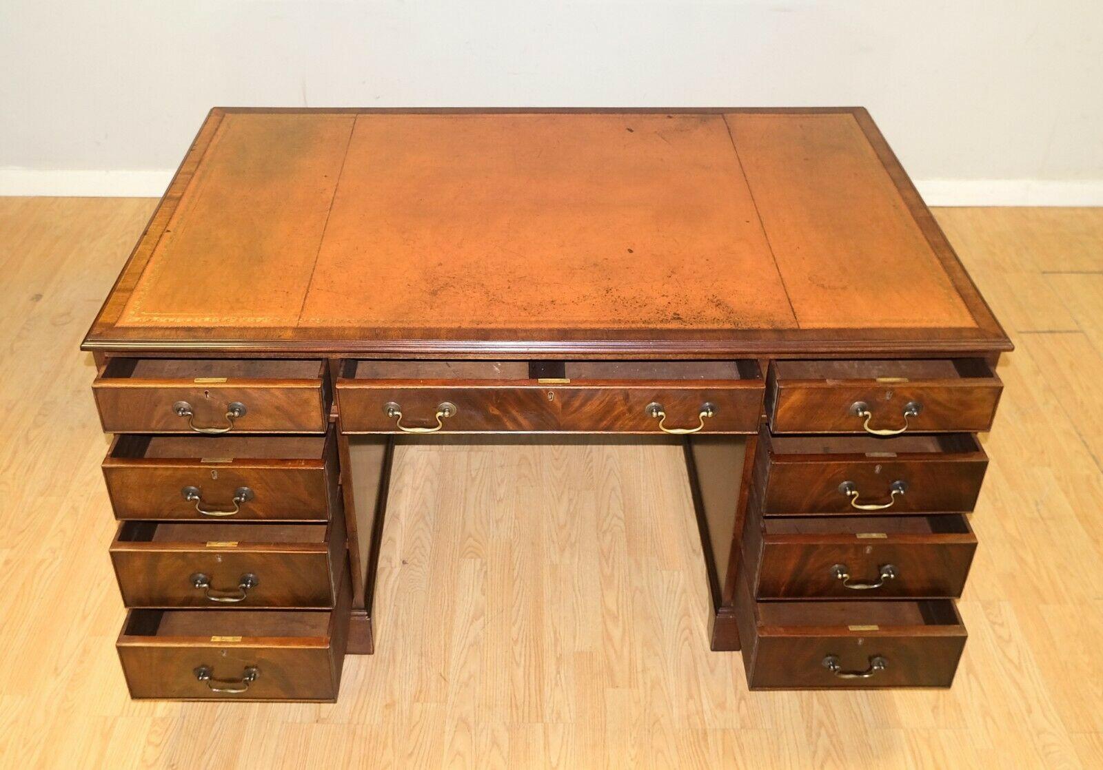 Victorian Lovely Vintage Twin Pedestal Partner Desk Gold Tooled Brown Leather Top & Keys