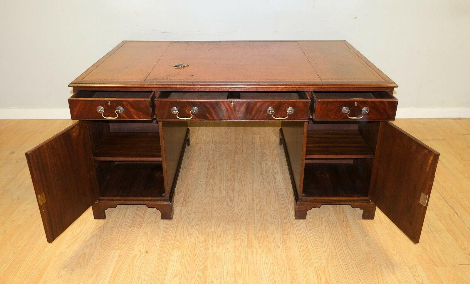 English Lovely Vintage Twin Pedestal Partner Desk Gold Tooled Brown Leather Top & Keys