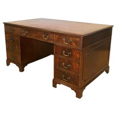 Lovely Vintage Twin Pedestal Partner Desk Gold Tooled Brown Leather Top & Keys