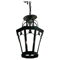 Lovely Vintage Verdigris Copper Lantern Chandelier with Leaf Motif