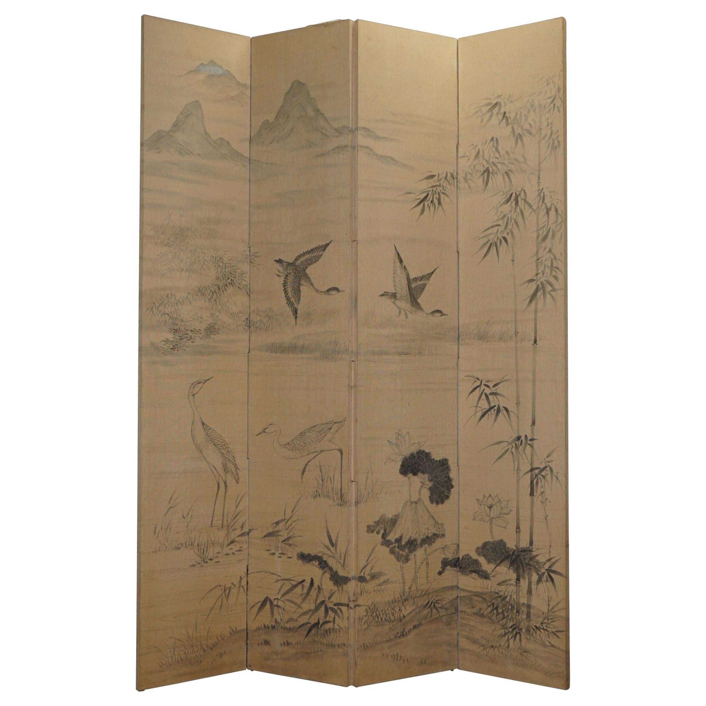 Lovely Vintage Water Color Hand Painted on Fabric Chinese Folding Room Divider