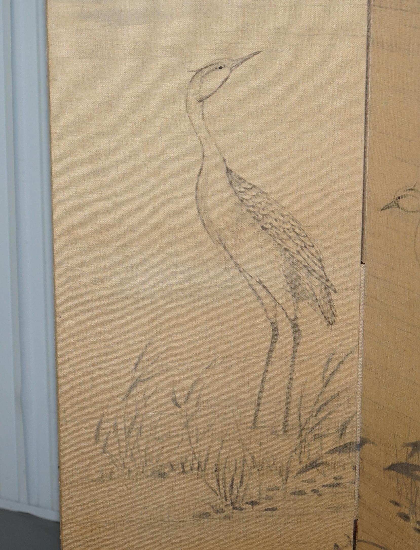 Chinese Export Lovely Vintage Water Color Hand Painted on Fabric Chinese Folding Room Divider