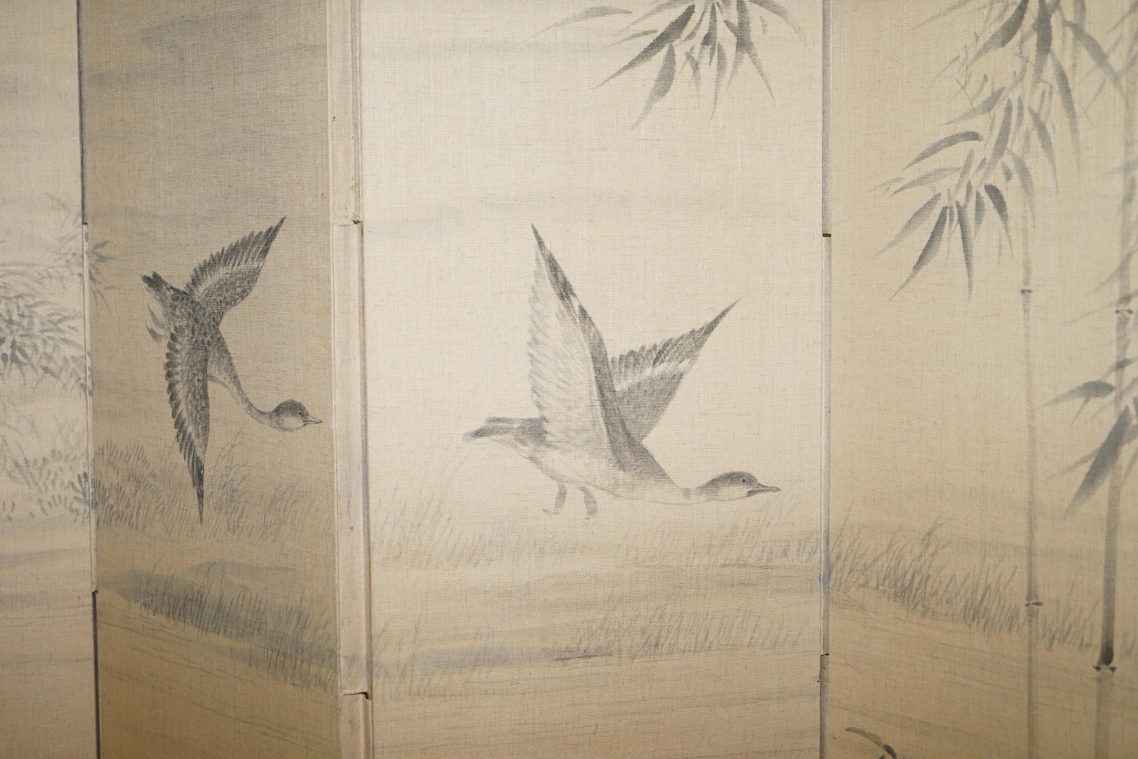 20th Century Lovely Vintage Water Color Hand Painted on Fabric Chinese Folding Room Divider