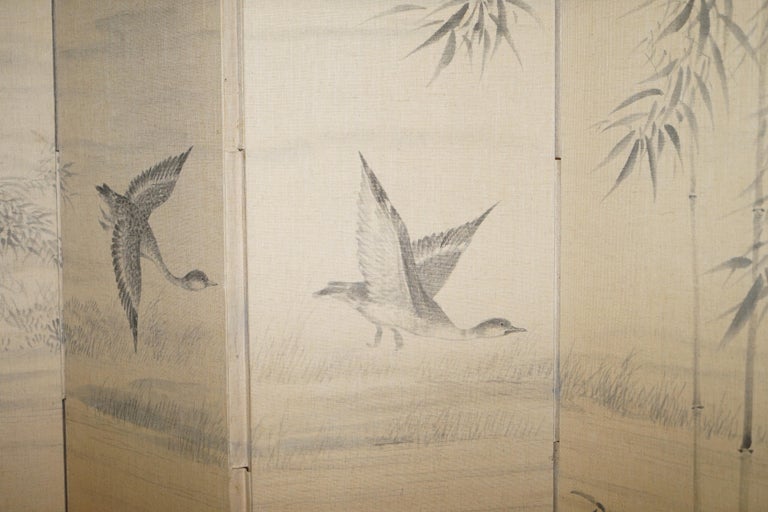 Linen Lovely Vintage Water Color Hand Painted on Fabric Chinese Folding Room Divider For Sale