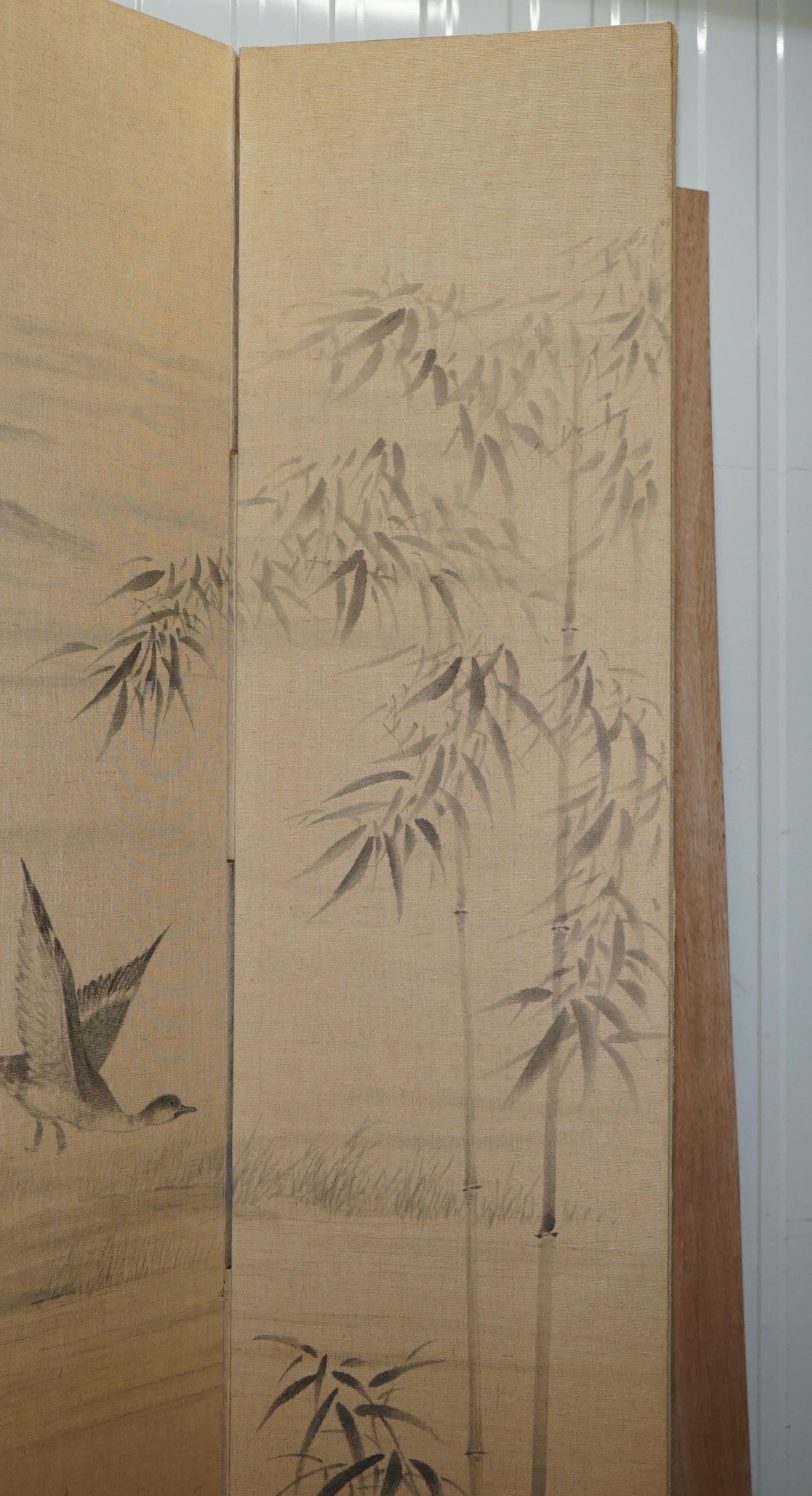 Linen Lovely Vintage Water Color Hand Painted on Fabric Chinese Folding Room Divider