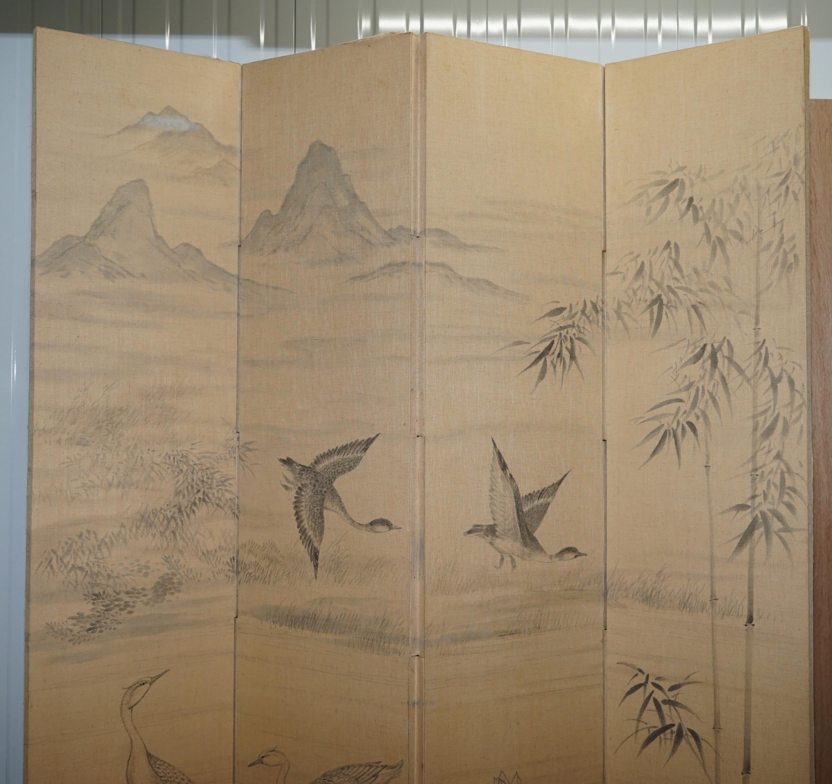 Lovely Vintage Water Color Hand Painted on Fabric Chinese Folding Room Divider 1