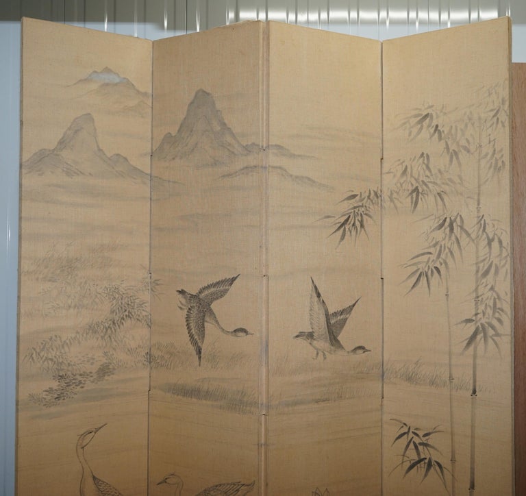 Lovely Vintage Water Color Hand Painted on Fabric Chinese Folding Room Divider For Sale 2