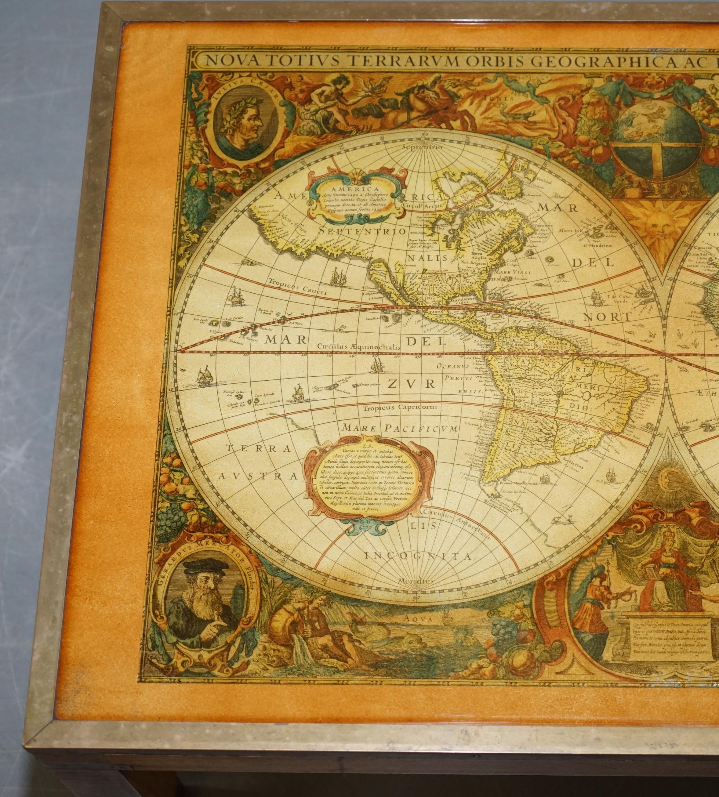 Glass Lovely Vintage World Map Coffee Table in the Military Campaign Style Brass Etc