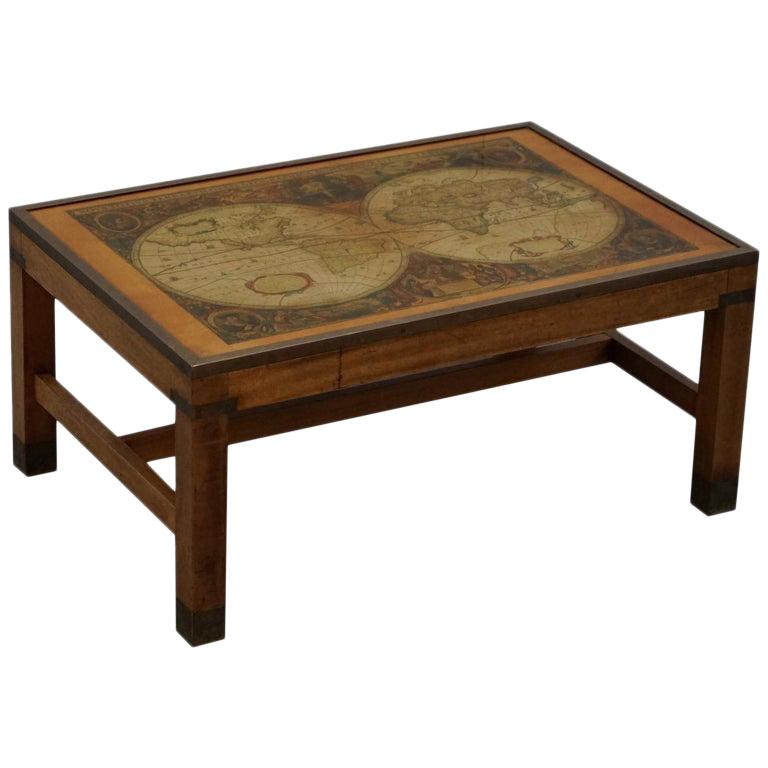 Lovely Vintage World Map Coffee Table in the Military Campaign Style Brass Etc