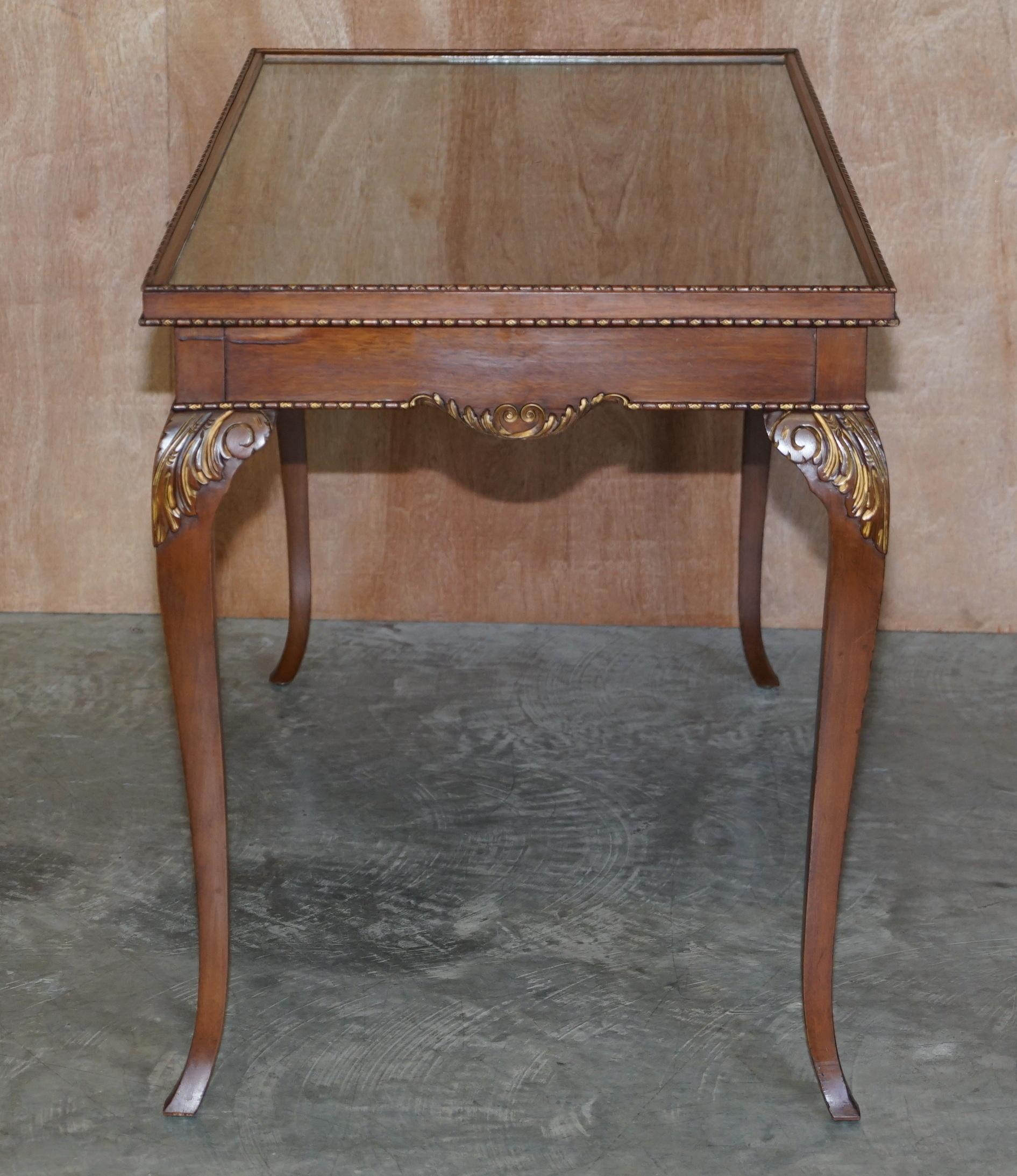Lovely Vintage Writing Table Desk in Hardwood with Silk Embroidered Glass Top For Sale 9