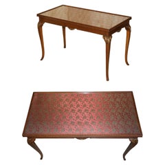 Lovely Used Writing Table Desk in Hardwood with Silk Embroidered Glass Top
