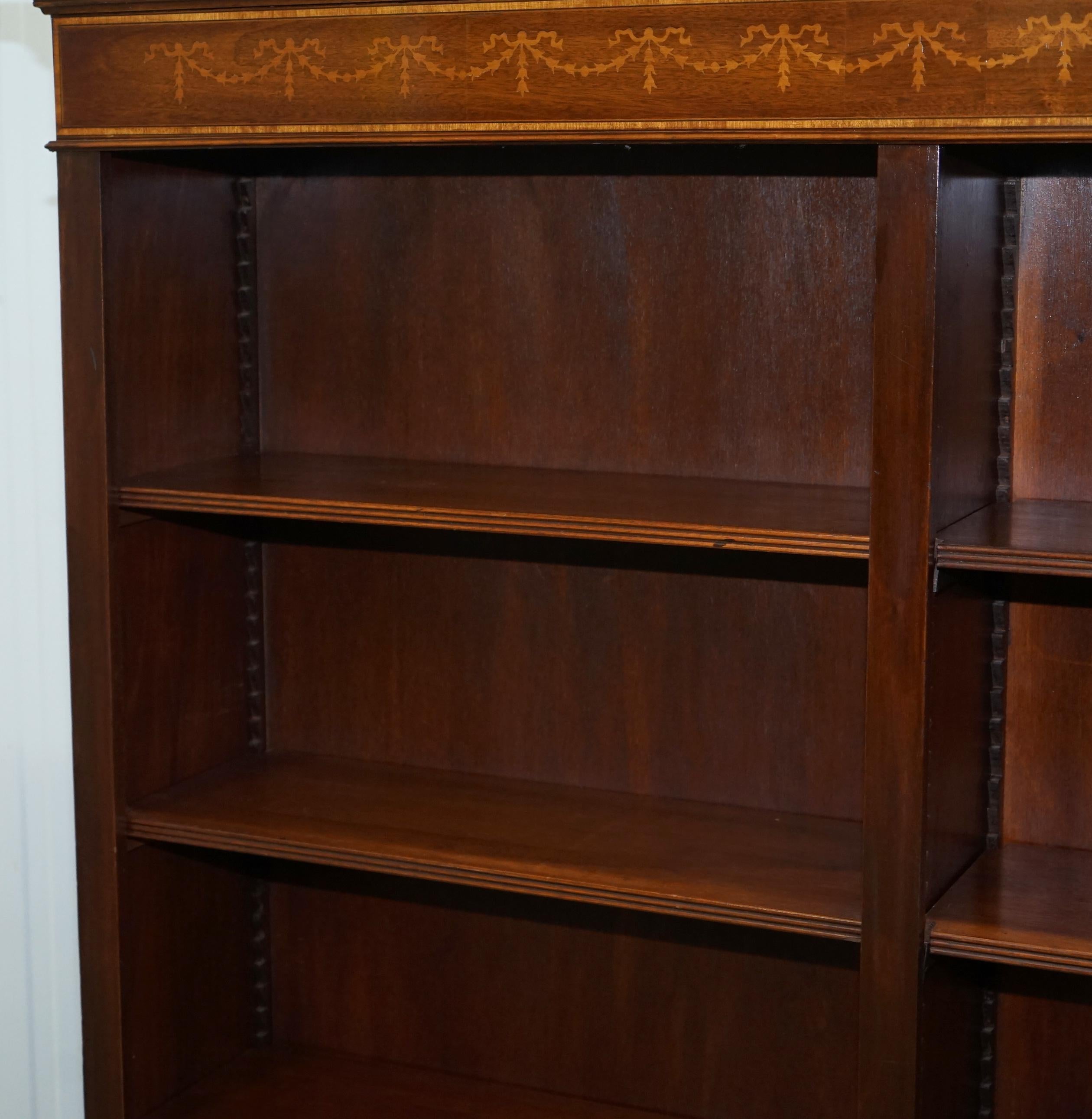 Lovely Walnut & Mahogany Marquetry Inlaid Double Bank Bookcase Adjustable Shelf 2