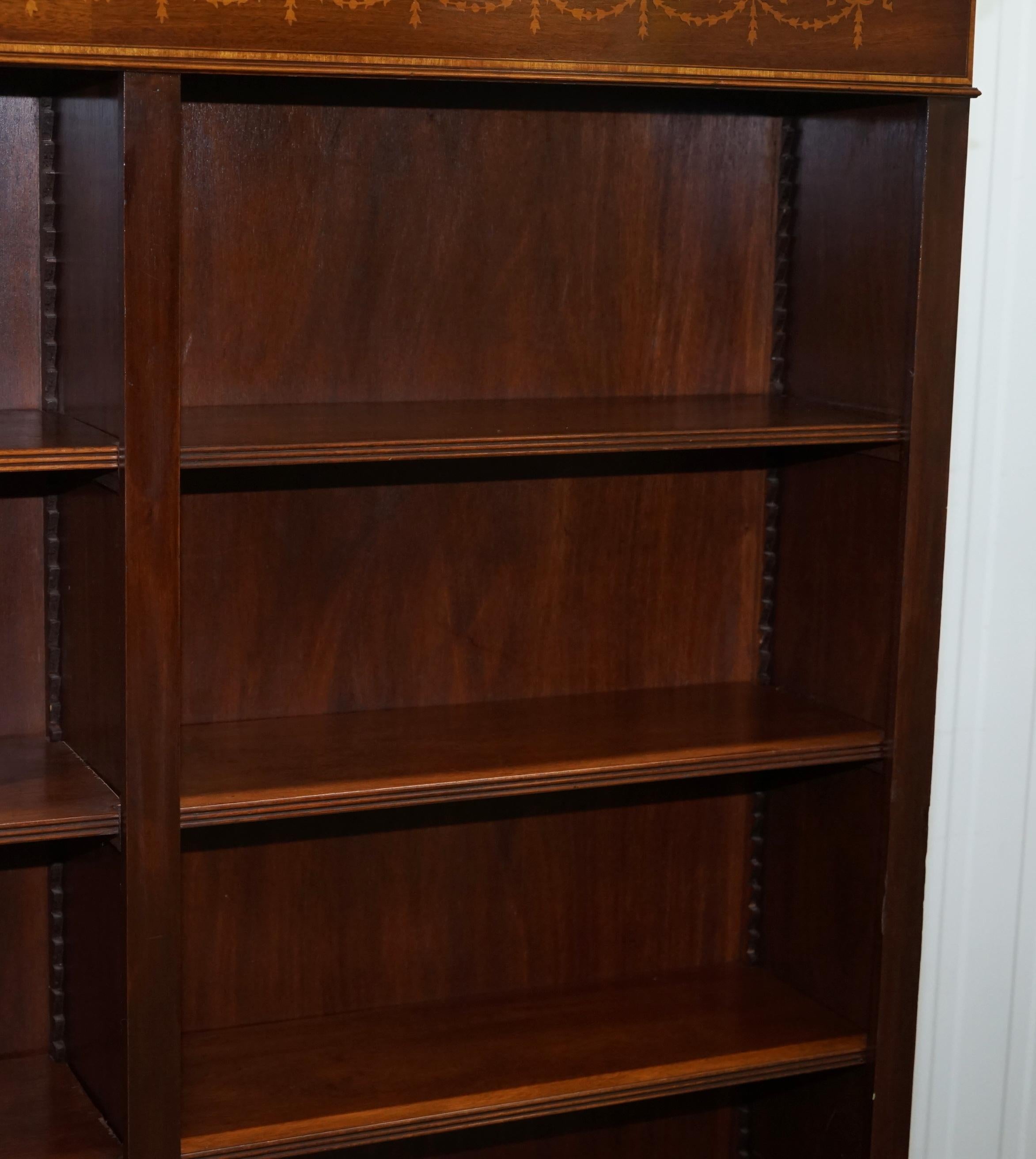 Lovely Walnut & Mahogany Marquetry Inlaid Double Bank Bookcase Adjustable Shelf 3