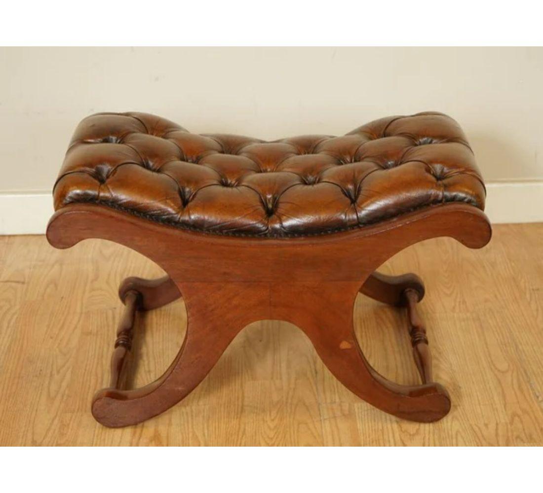 Victorian Lovely Whiskey Brown Hand Dyed Chesterfield Sadle Curved Footstool For Sale