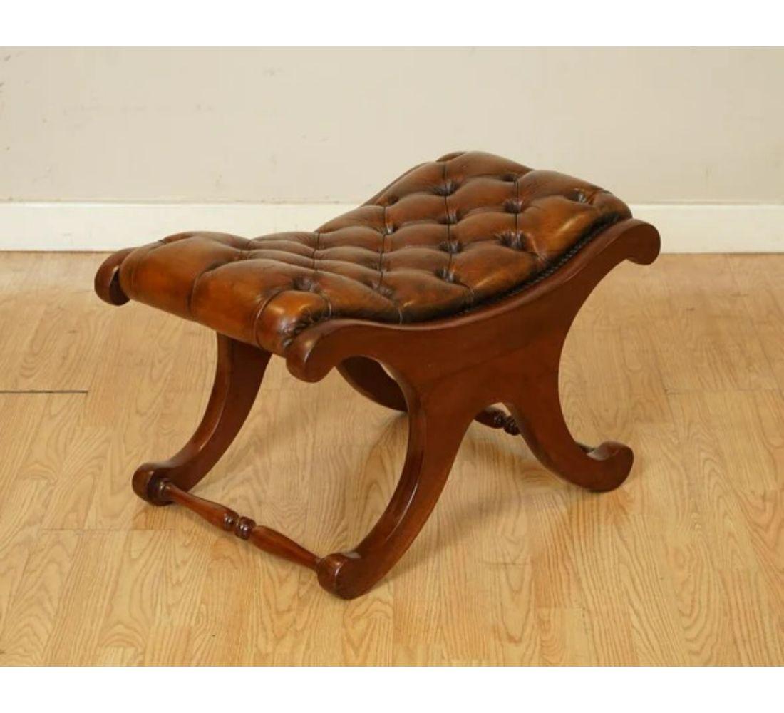 British Lovely Whiskey Brown Hand Dyed Chesterfield Sadle Curved Footstool For Sale