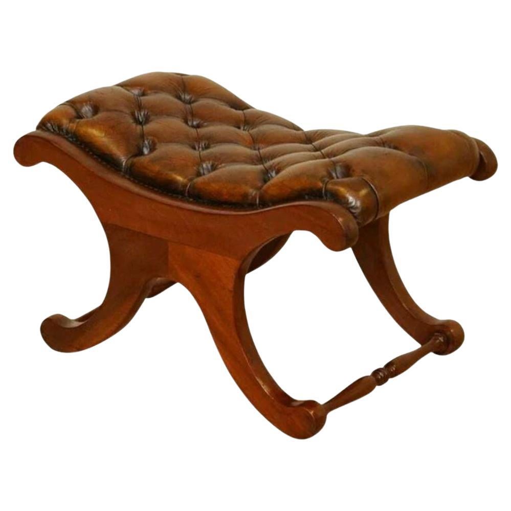 Lovely Whiskey Brown Hand Dyed Chesterfield Sadle Curved Footstool For Sale