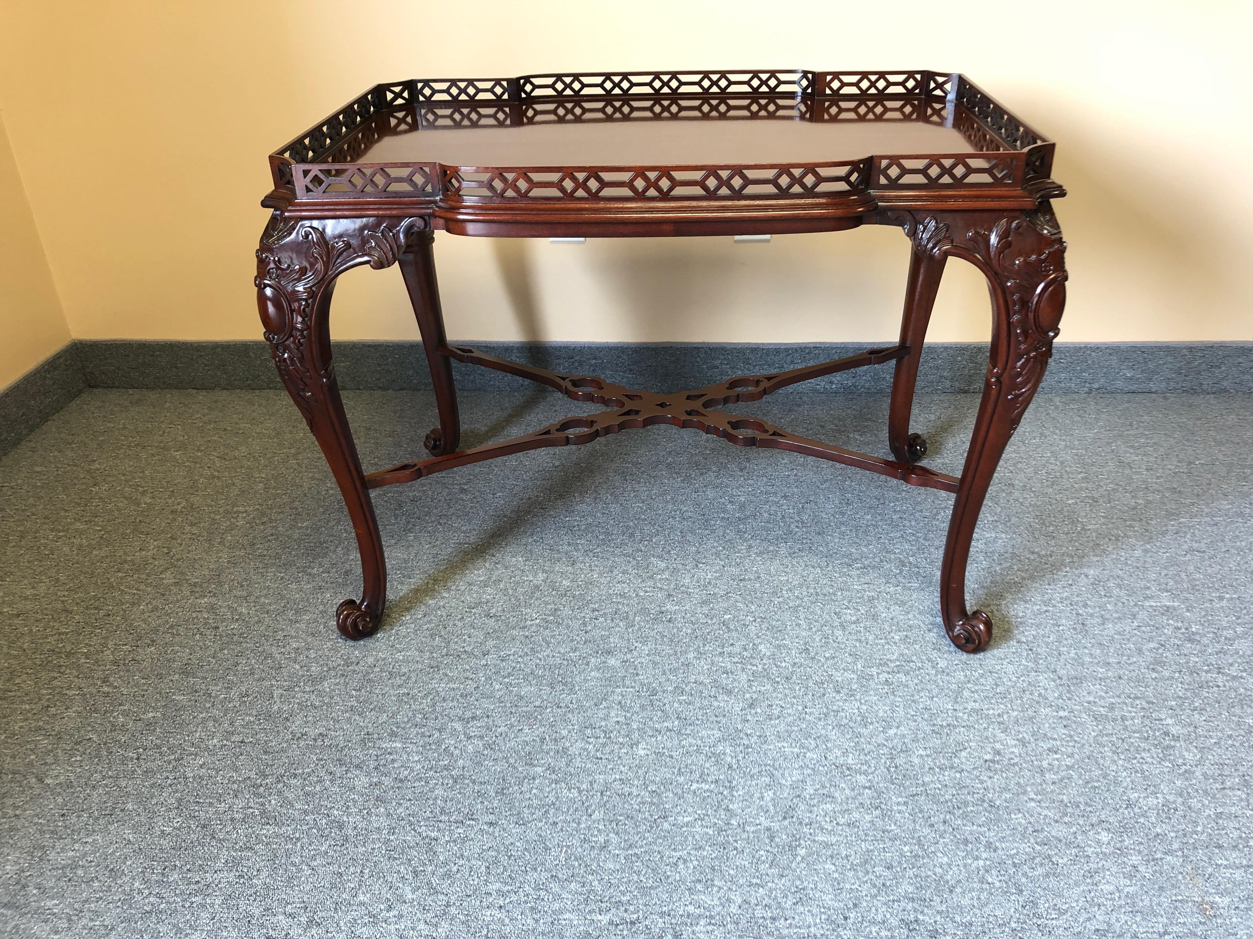 Very refined rectangular tea table or high coffee table having intricate fretwork, gorgeous shell motif carvings on the cabriole legs and paw feet. Fretwork is 1.5 inches high.