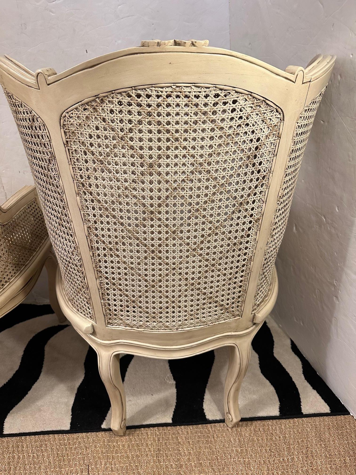 Lovely Wingback French Provincial Double Caned and Carved Wood Bergeres For Sale 6