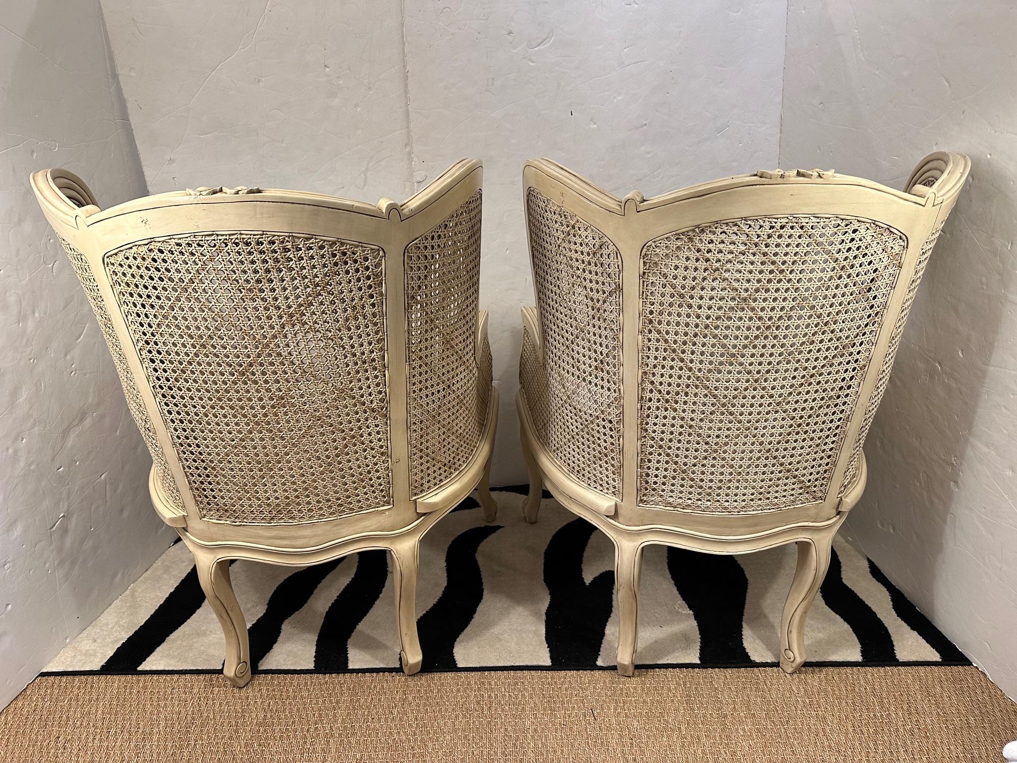Lovely Wingback French Provincial Double Caned and Carved Wood Bergeres For Sale 7