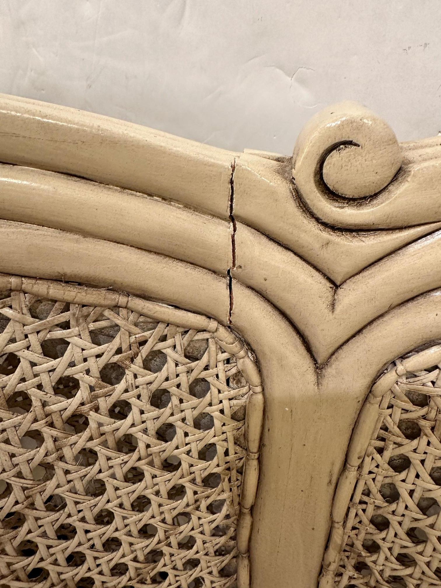 American Lovely Wingback French Provincial Double Caned and Carved Wood Bergeres For Sale