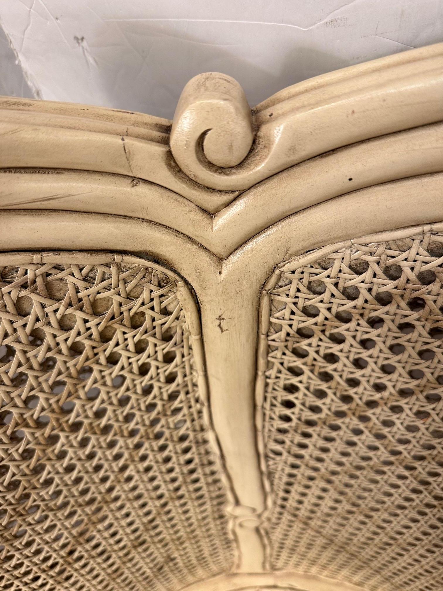 Lovely Wingback French Provincial Double Caned and Carved Wood Bergeres For Sale 1