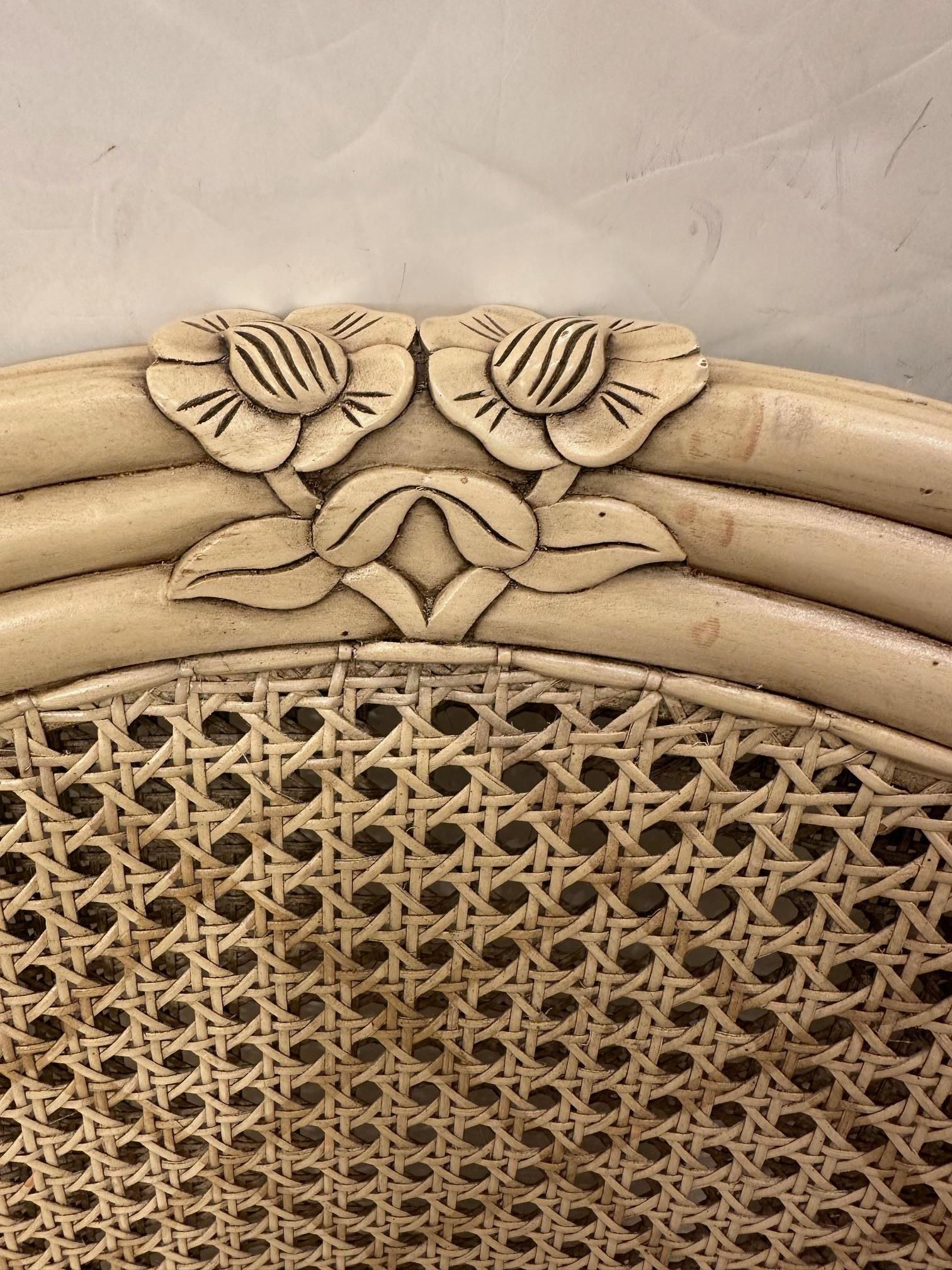Lovely Wingback French Provincial Double Caned and Carved Wood Bergeres For Sale 2