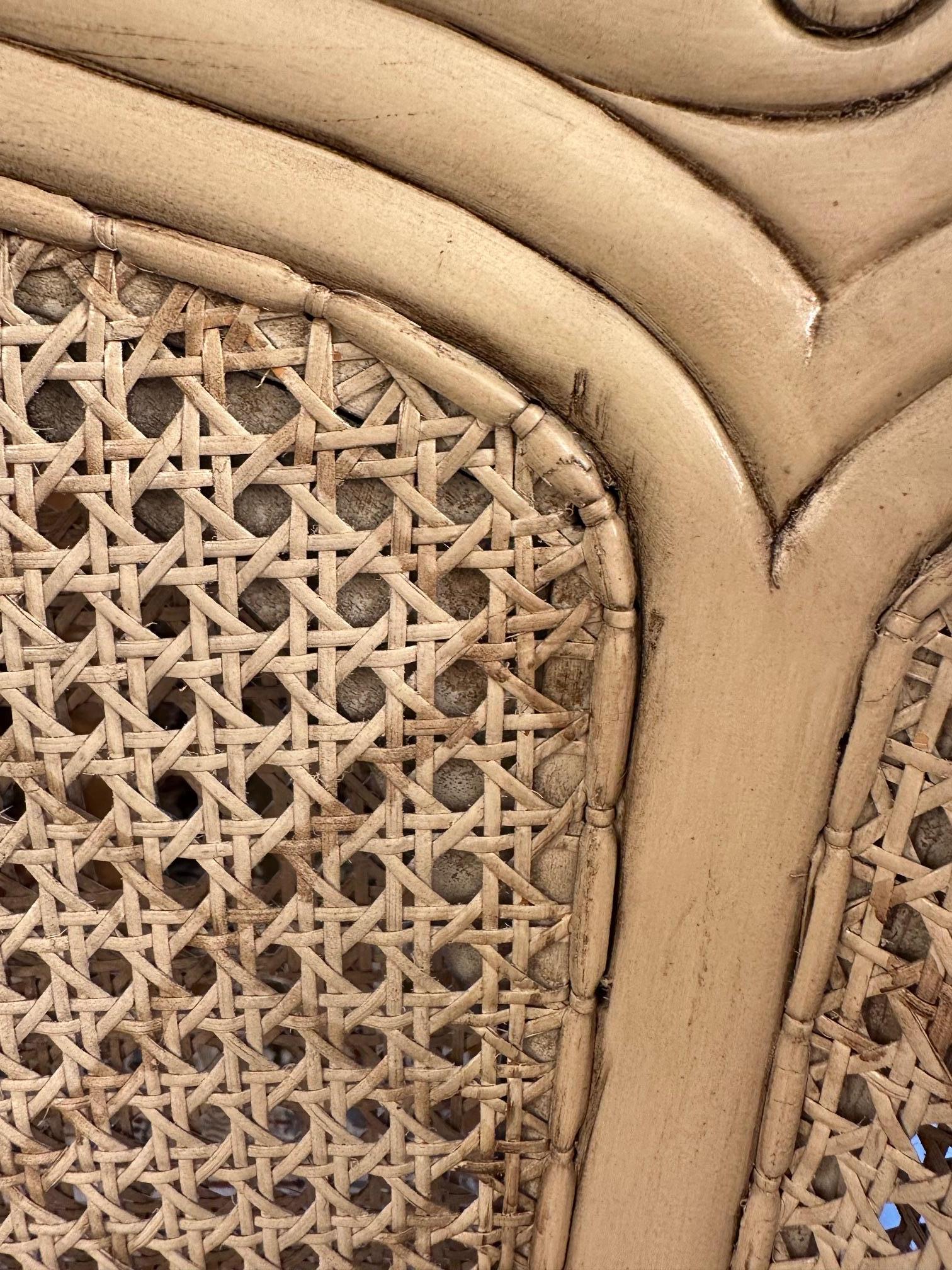 Lovely Wingback French Provincial Double Caned and Carved Wood Bergeres For Sale 3