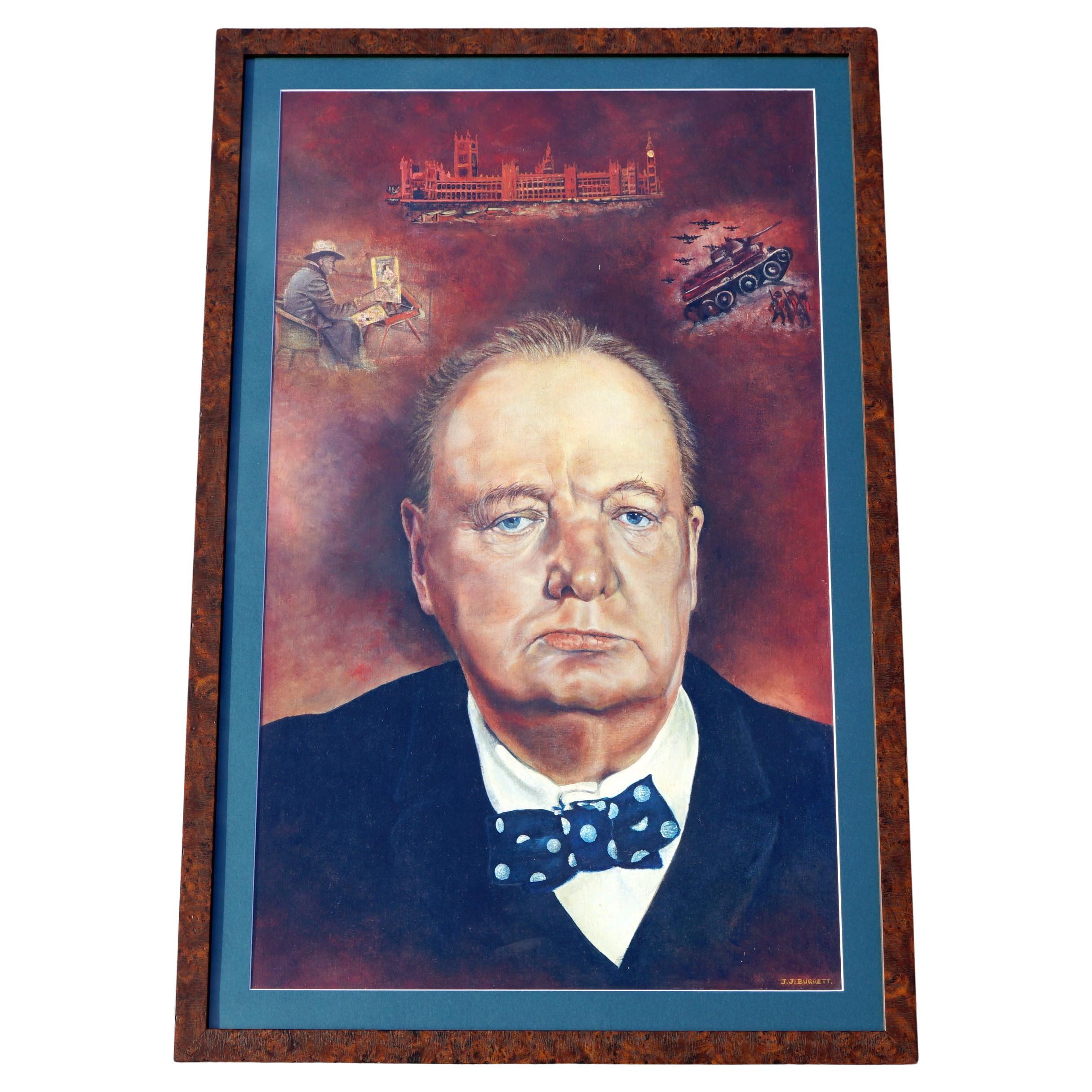 LOVELY WINSTON CHURCHIL OIL PAINTING SiGNED JJ BURRETT BURR OAK EXHIBITION FRAME For Sale
