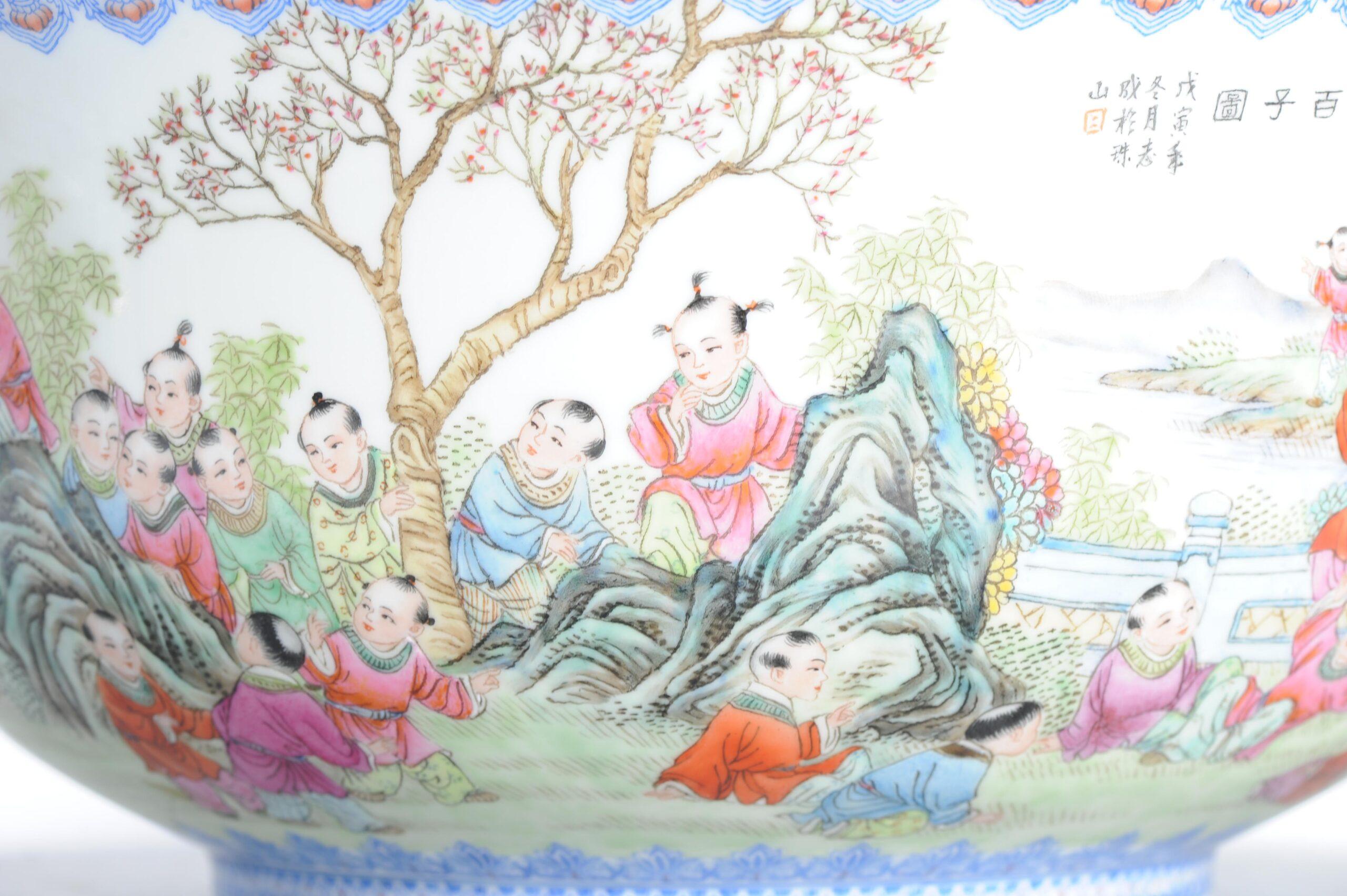 Splendida porcellana d'arte Kang Zhicheng Inverno 1998 Porcellana cinese 100 Boys Bowl in vendita 6