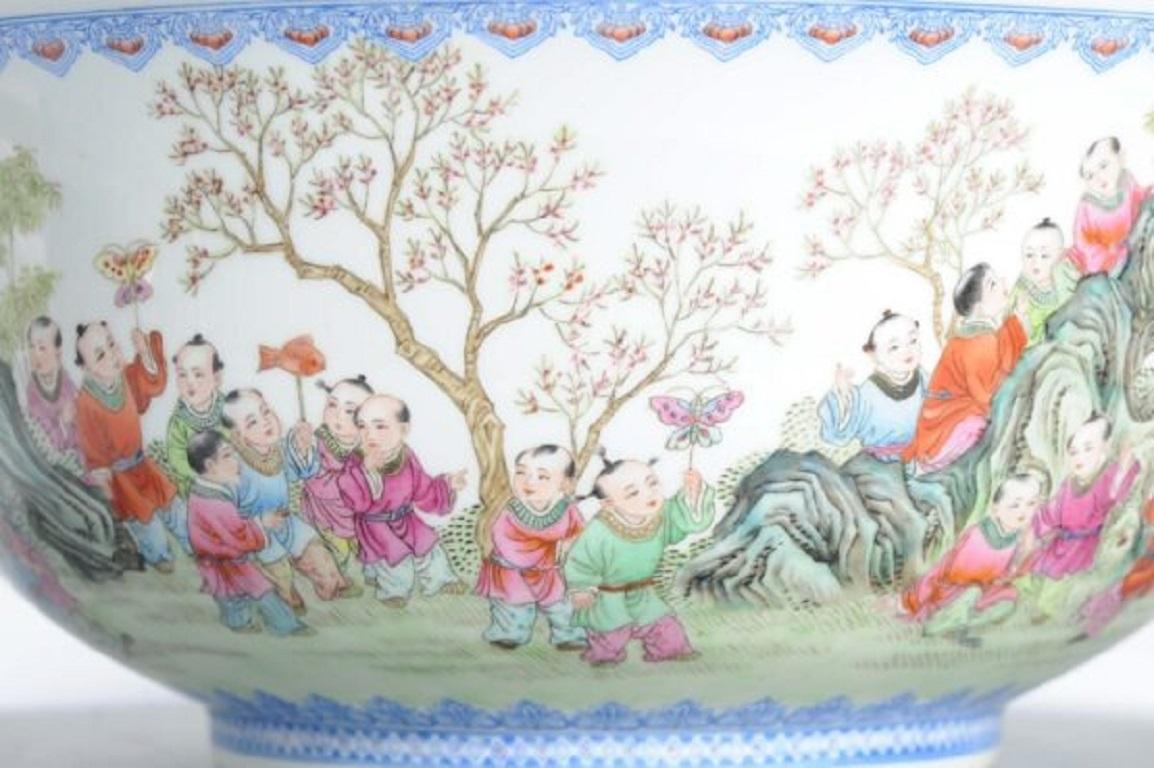 Contemporary Lovely Winter Porcelain Art Kang Zhicheng Chinese 100 Boys Bowl, 1998 For Sale