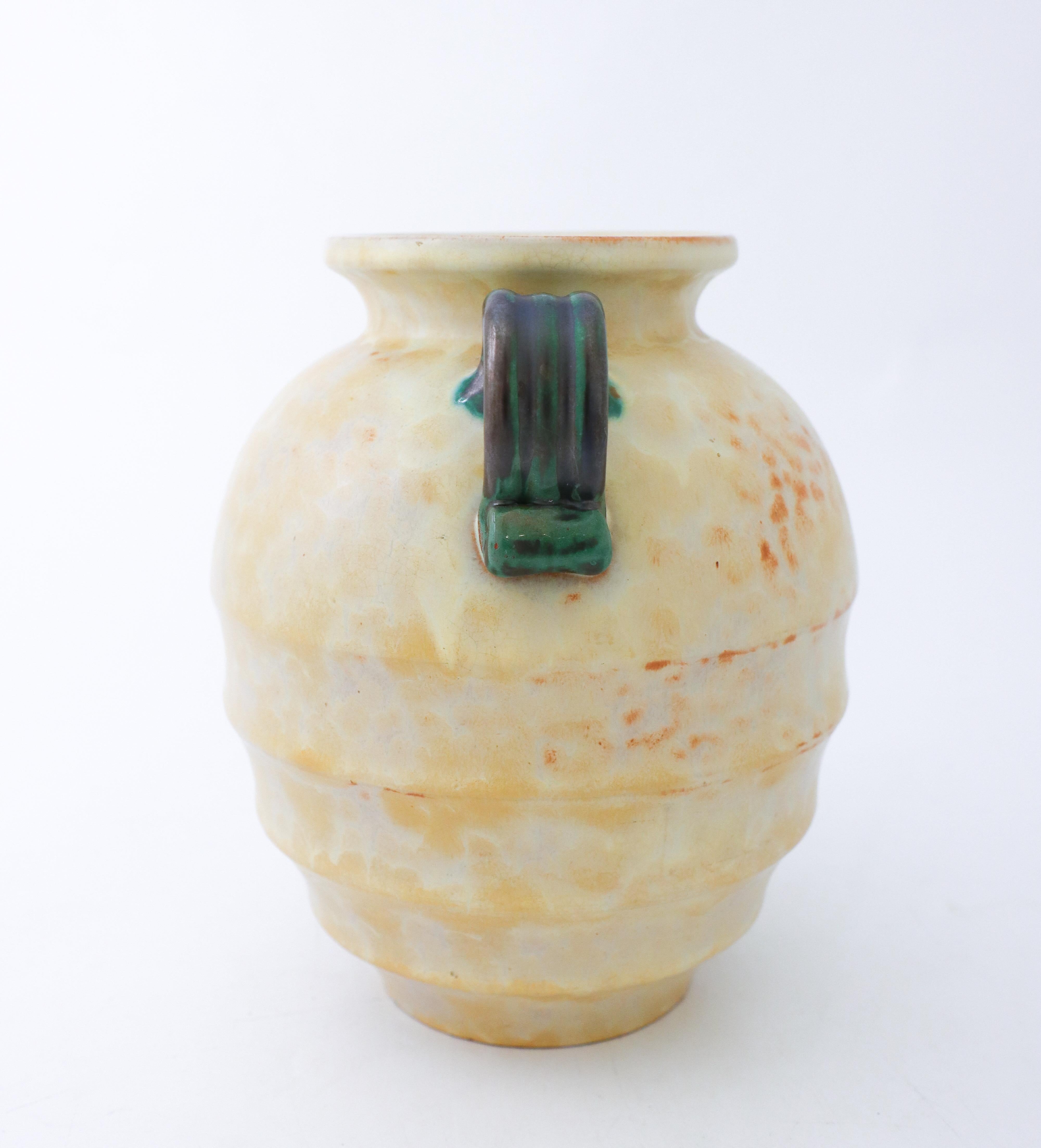 Lovely Yellow Art Deco Vase, Upsala Ekeby, Sweden, 1930s, Roman Urn Style In Fair Condition For Sale In Stockholm, SE