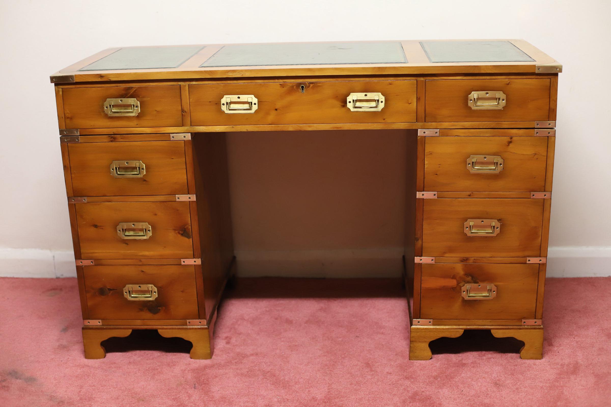 British Lovely Yew Wood Military Campaign Twin Pedestal Desk 