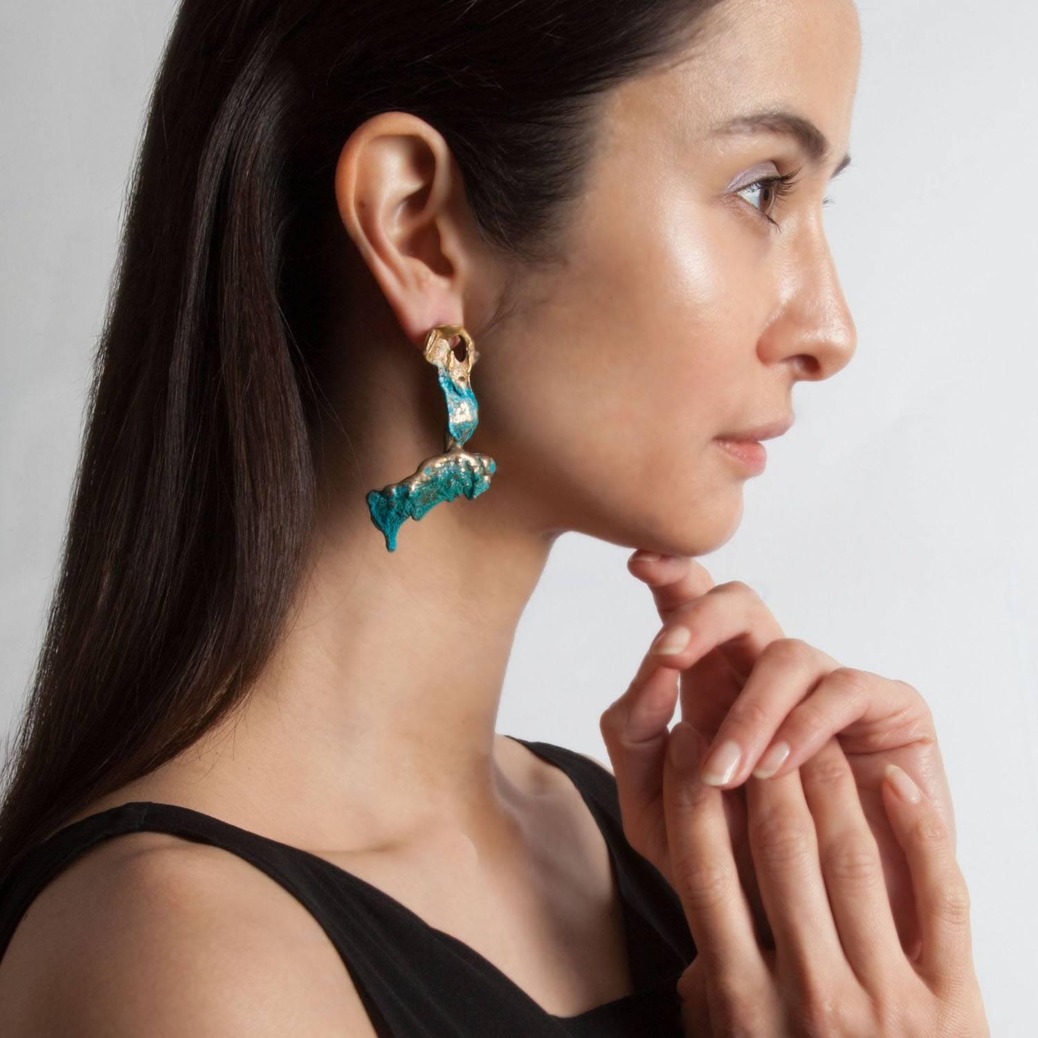 Contemporary Loveness Lee - Thala - Asymmetrical Patinated Blue Cuff and Drop Earrings For Sale