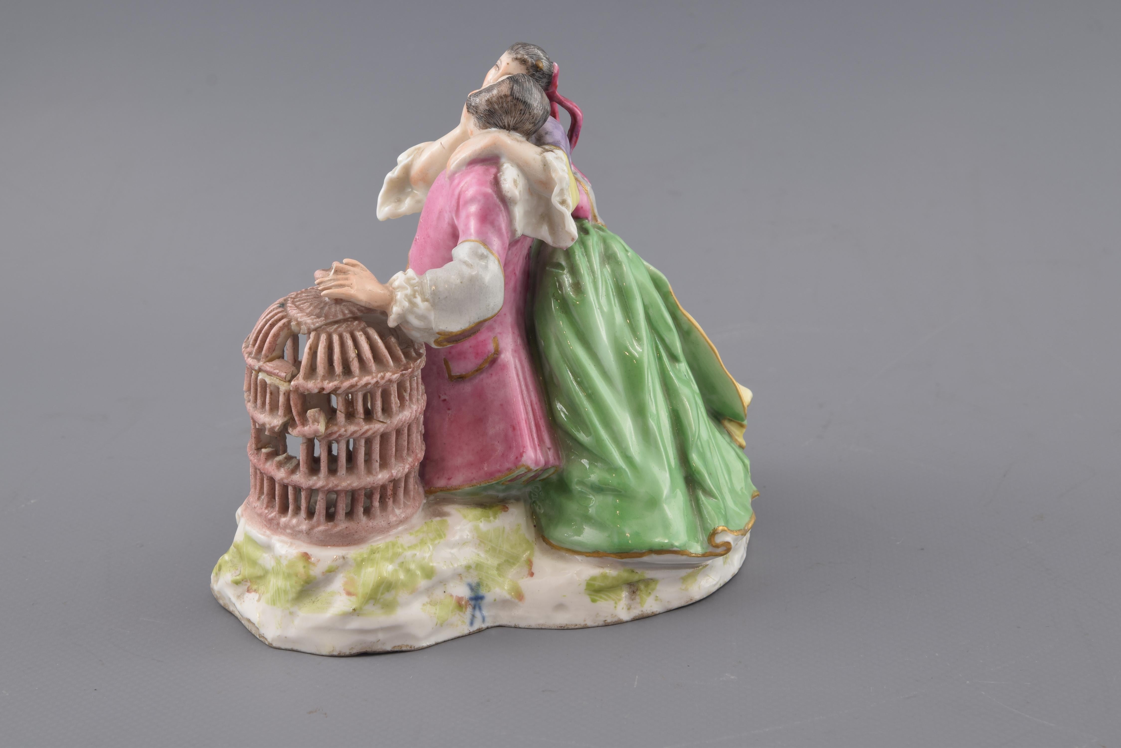 19th Century Lovers and Cage, Glazed Porcelain, After Meissen Models, circa 1800 For Sale