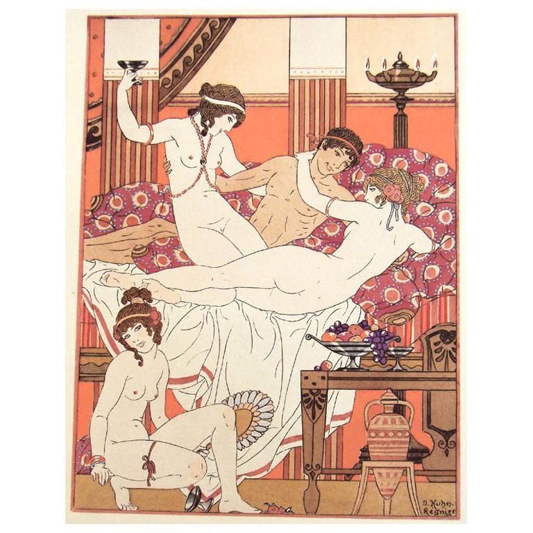 "Lovers, " Art Deco Pochoir by Kuhn-Regnier, France For Sale