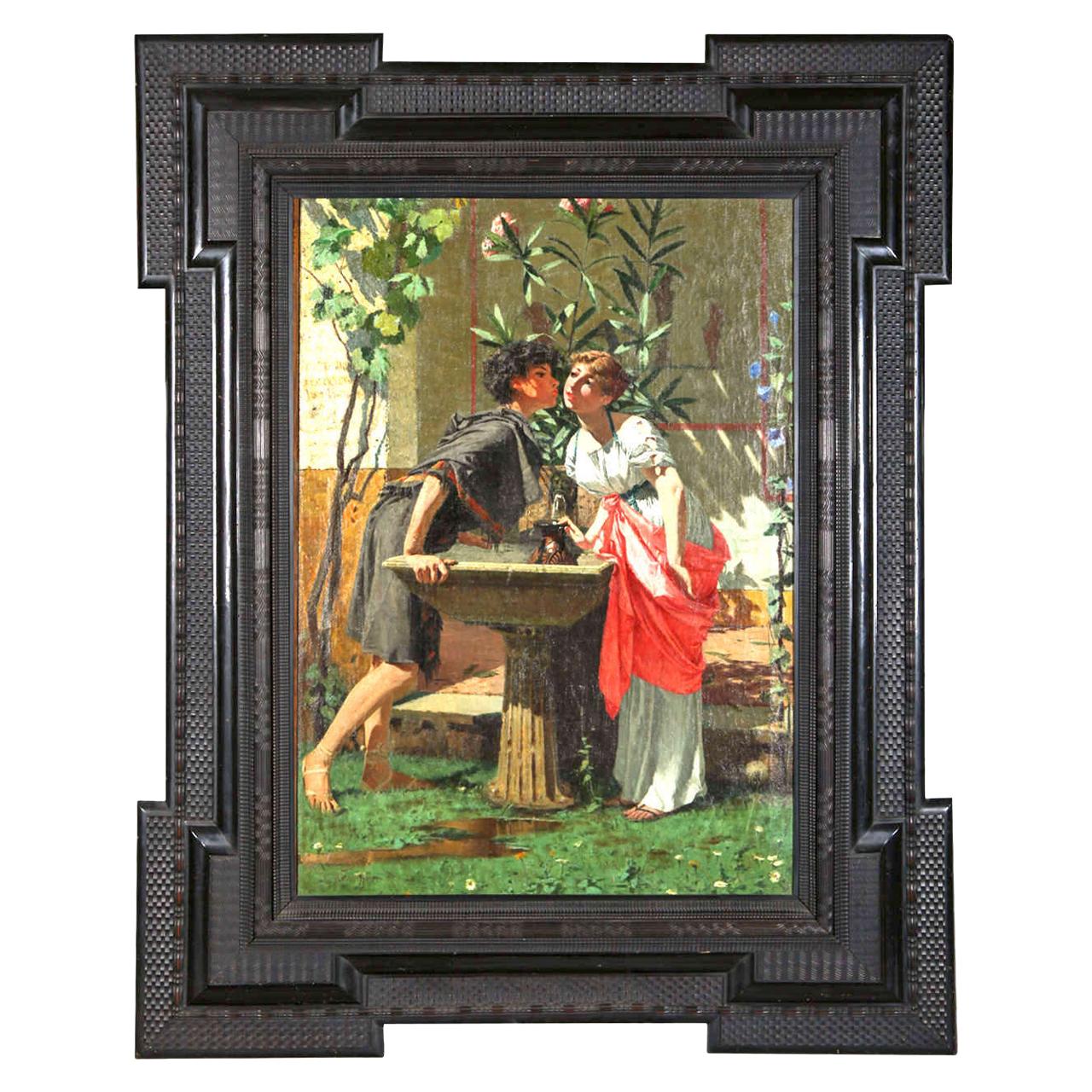 Lovers by a Fountain 19th Century Painting Oil on Canvas, Modesto Faustini, 1860