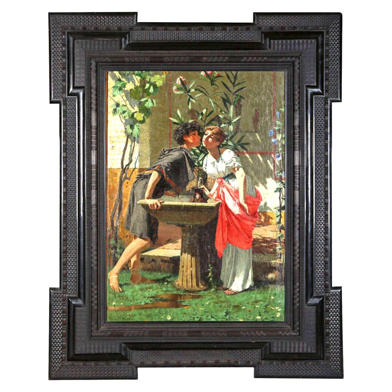 Lovers by a Fountain 19th Century Painting Oil on Canvas, Modesto Faustini, 1860 For Sale